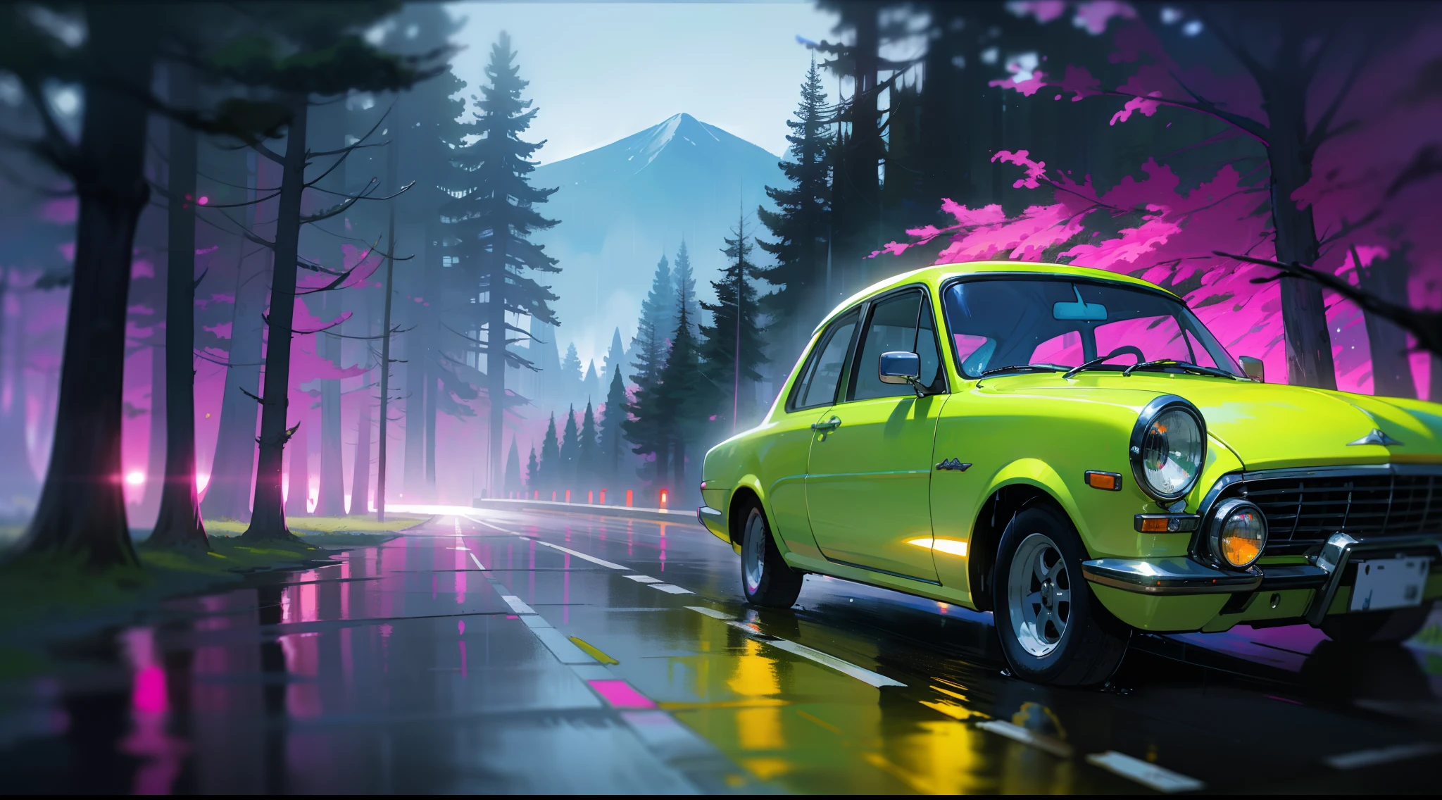 Masterpeace, BestQuality, Car, Forest, Mountains, Wet Road, Auto, Auto, Bright Colors, Volumetric Lighting, Best Shadows, Shallow Depth of Field, (High Quality, Stunning Details: 1.25), Brilliant Colorful Paintings, Whimsical, Magical, Flicker, Highlights, Neon Garland, Details, 8k