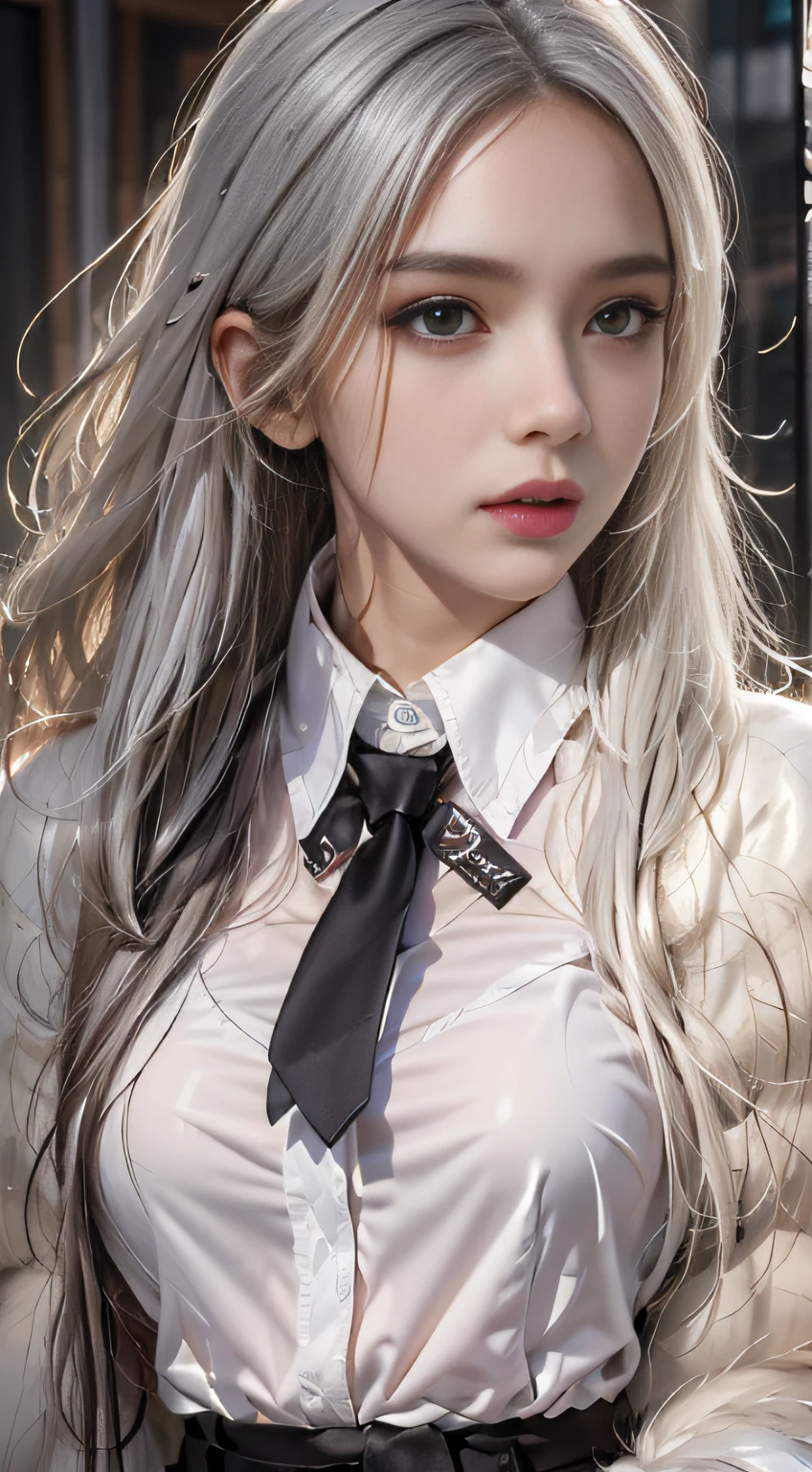 Photorealistic, high resolution, 1 Women, Solo, Waist up, Beautiful eyes, Close lips, Detailed face, White hair, Long hair, Collared shirt, black necktie,Black skirt, pencil skirts, Fur coat, Stockings