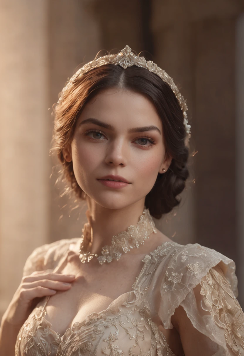 Cabelos escuros compridos , olhos castanhos , morena , baixa estatura, sorriso bonito, rainha com coroa , vestido em tom de dourado, sentada no trono de ferro estilo game of thrones, com muitas joias.