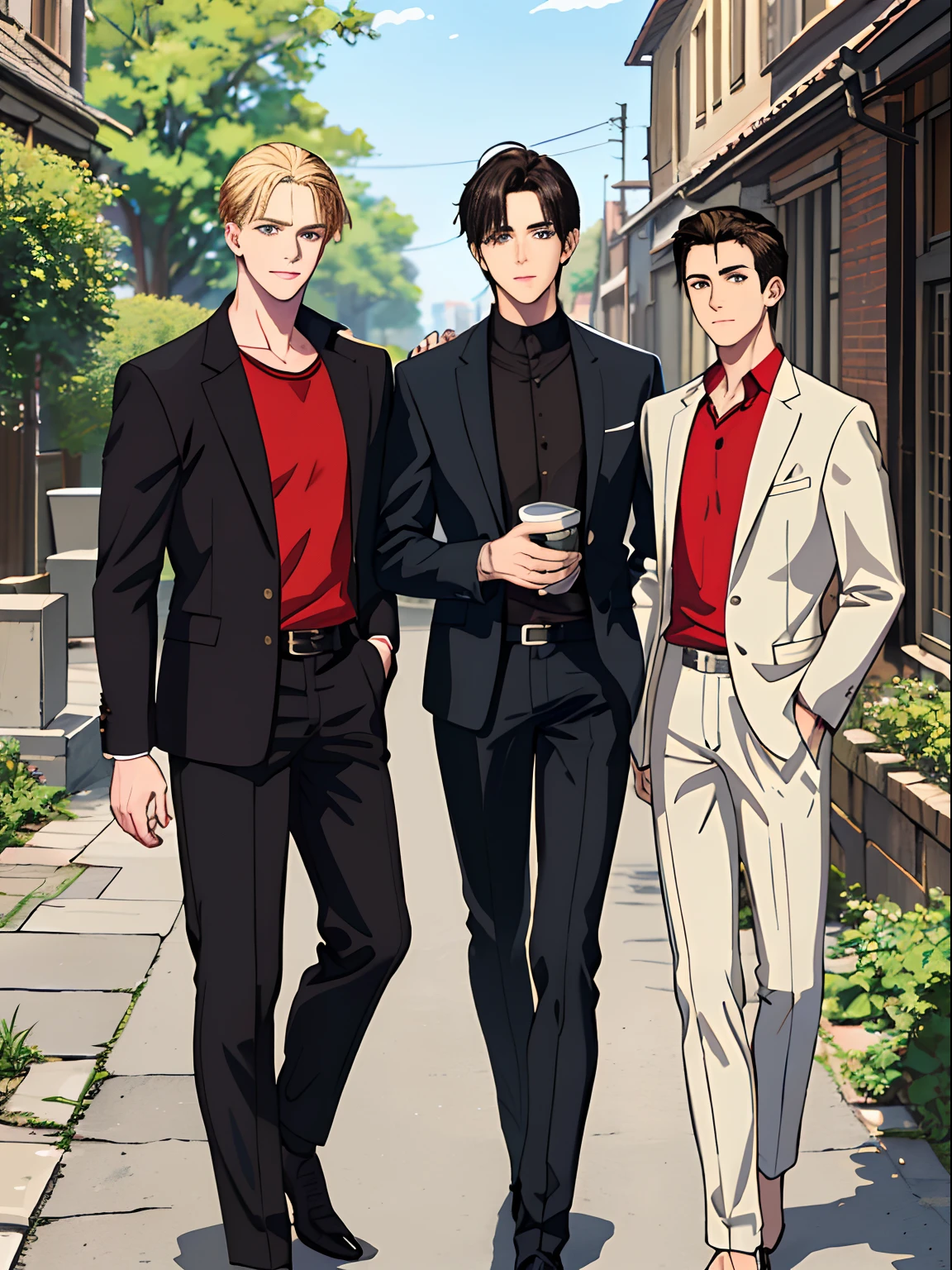 (absurdres, highres, ultra detailed), masterpiece, best quality, 3 man, handsome, black hair, brown hair, casual clothes, background is back alley, best light and shadow, trio friends, 1 black hair man ((sleek hair)), 1 brown hair man ((undercut hair)), 1 blond man ((stylish hair)), tall handsome man, hogwarts vibe, 3 friends, trio friends pose, charming men, (absurdres, highres, ultra detailed, HDR), masterpiece, best quality, anime, Anime cool ((Tall boy)), 3rd boy blond hair ((Tall boy)) ((blond hair)) , 3 boys, smile, sunshine, garden, handsome, short hair, looking at viewer, detailed face, ( black shirt ),(red shirt) cool boys, cold male, 8K, Best Quality, Masterpiece, Ultra High Resolution, (Realism: 1.4), Original Photo, (Realistic Skin Texture: 1.3), (Film Grain: 1.3), (Selfie Angle), best friend,Friendship, Trio friends, tall boys, black hair, brown hair,blonde hair, Tall charming masculine men in a group of 3 people.