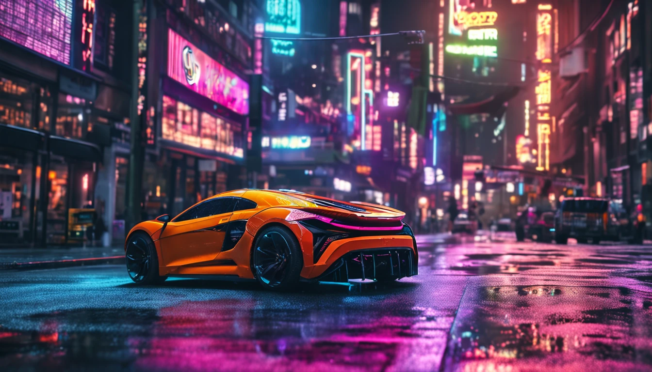Ominous futuristic car, Wet reflective pavement, iridescent paint, highly detailed rims, glowing rims, View from the front, Futuristic city background, prime time, [Cyberpunk Night City:1.3], 8K DSLR, Sharp, tack sharp, Intricate details, Masterpiece, Golden ratio, Highest quality, hdr, Photorealistic, insane quality, Best quality, Extremely detailed, Highest detail, Highly detailed, Incredibly detailed, Detailed, Realistic, 8K  UHD, High quality