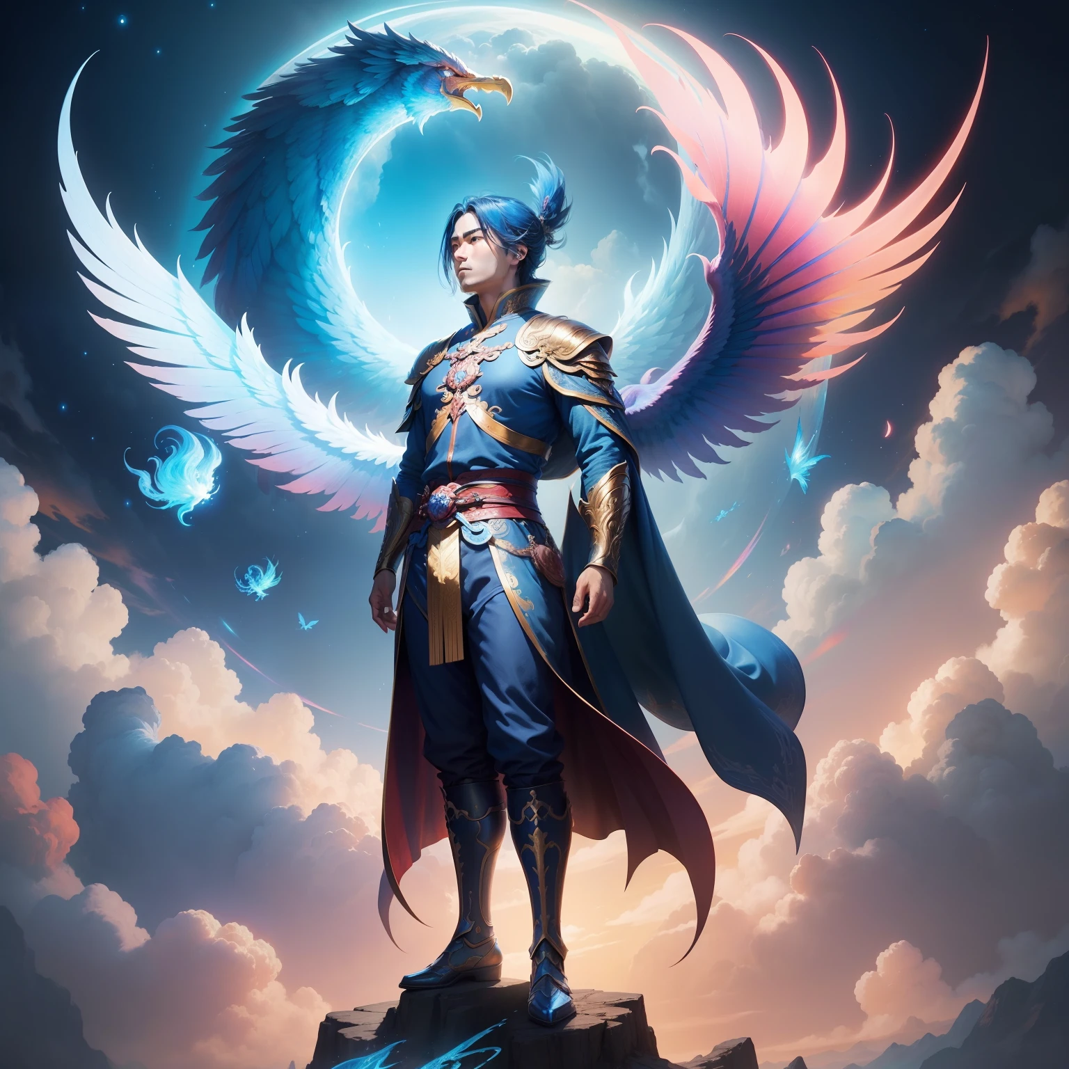 Man Standing On A Giant Phoenix、Chinese mythology、Iridescent blue sky、universes、Beautiful pink、Mysterious art、The Mystery of the Blue Sky、Fantasyart、Abyss of blue sky、Lumiere、Shines、Inner peace