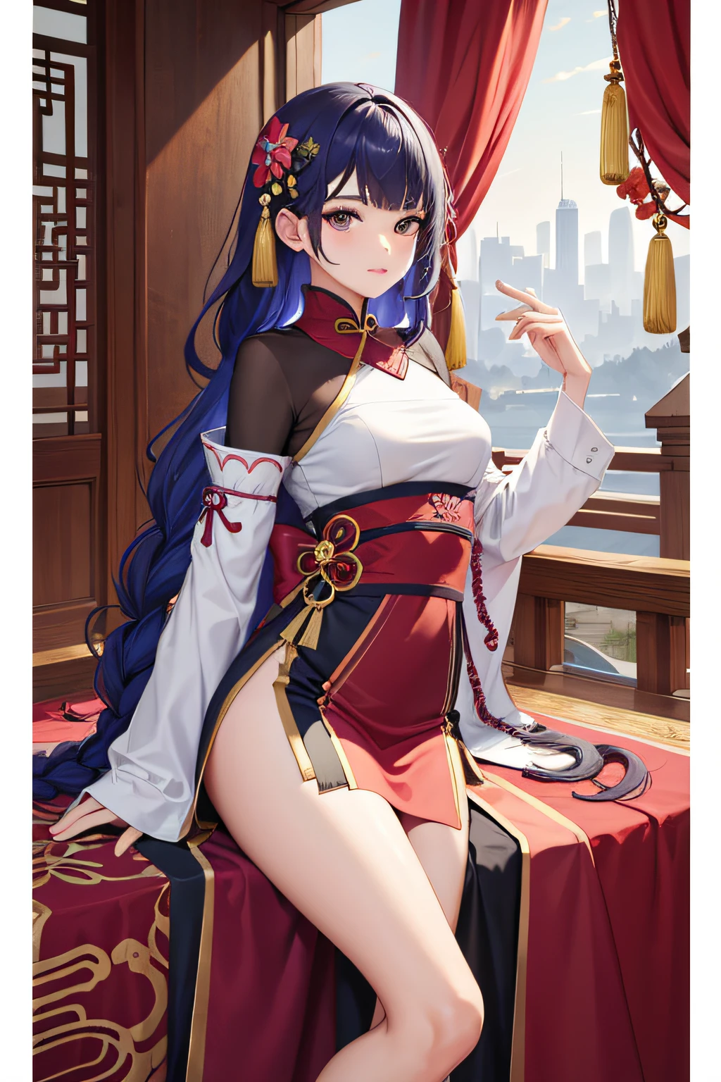 (tmasterpiece,top Quority,best qualtiy,offcial art,Beauty and aesthetics:1.2),(1girll)Playful and cute,Extremely detailed,(s fractal art:1.3),Red and white tunic cheongsam,A small number of patterns,Most detailed,Chinese big breasts, Ancient, traditional,Stand all over the body,Stand head-on,Bare-leg high heels