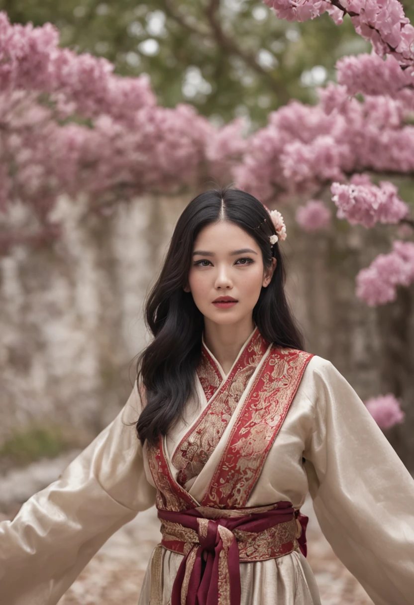 32K（tmasterpiece，k hd，hyper HD，32K）Long flowing black hair，Rockery，zydink， a color， Golden stick （ girls）， （Red scarf in the snow）， jumping posture， looking at the ground， long whitr hair， Floating hair， Carp pattern headdress， Chinese long-sleeved silver battle robe， （Abstract gouache splash：1.2）， Pink petal background，Tulips flying（realisticlying：1.4），Black color hair，Fallen leaves flutter，urban backdrop， A high resolution， the detail， RAW photogr， Sharp Re， Nikon D850 Film Stock Photo by Jefferies Lee 4 Kodak Portra 400 Camera F1.6 shots, Rich colors, ultra-realistic vivid textures, Dramatic lighting, Unreal Engine Art Station Trend, cinestir 800，Long flowing black hair，Transparent robe clothing