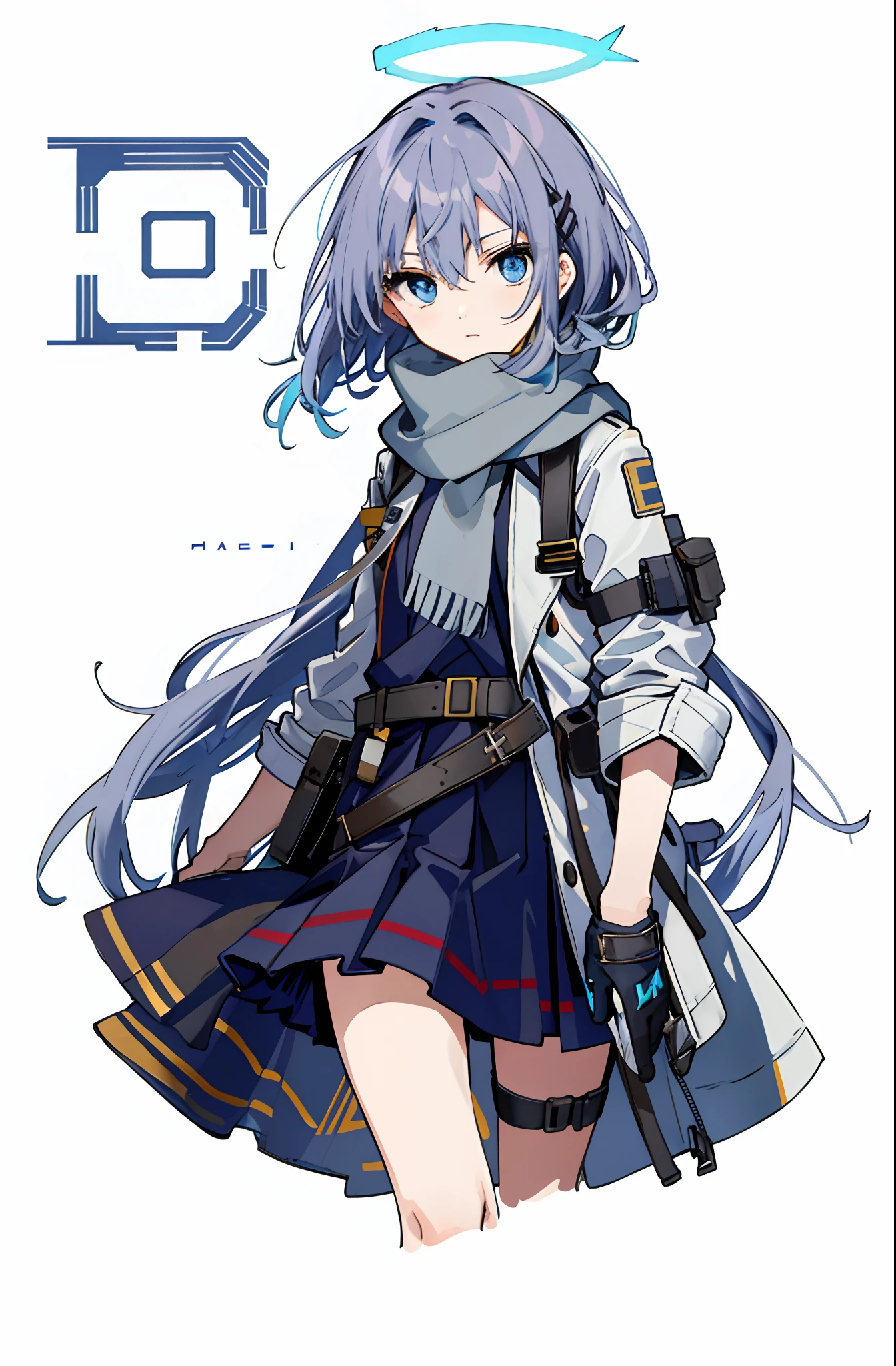 ,hair intakes,Expressionless,wind coat,Skirt,Scarf, mitts, leg belt, arm belt, hair pin, ,mitts ,whaite hair,Blue eyes,The halo