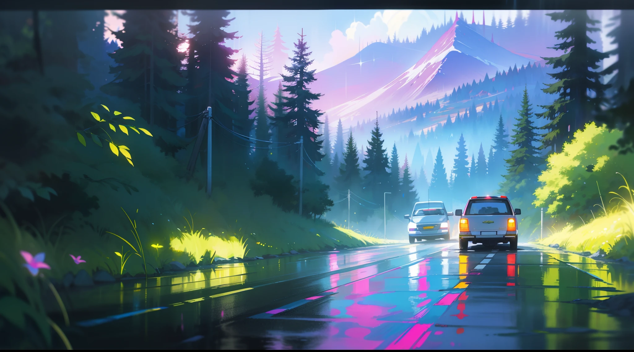 Masterpeace, BestQuality, CarS, Forest, Mountains, Wet Road, Auto, Auto, Bright Colors, Volumetric Lighting, Best Shadows, Shallow Depth of Field, (High Quality, Stunning Details: 1.25), Brilliant Colorful Paintings, Whimsical, Magical, Flicker, Highlights, Neon Garland, Details, 8k