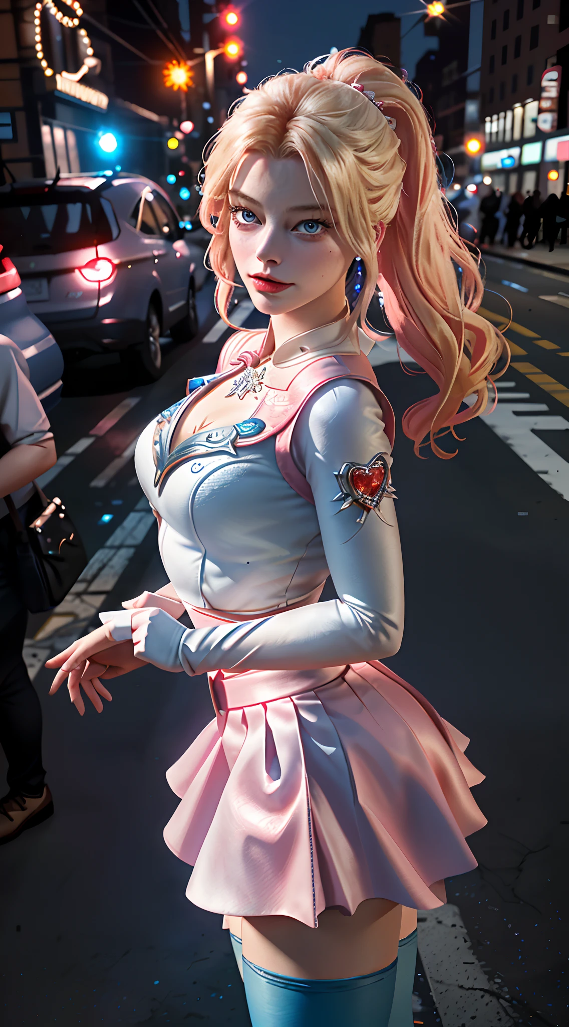 "Margot Robbie（tmasterpiece，Ultra-realistic 4K，The is very detailed），（White superhero theme，Glamorous，There was a girl at the top of town，Wearing a pink Harley Quinn costume，she is a superhero），（30 age old），Pink skirt（Long blonde hair：1.2），Covered in Tan，（eBlue eyes：1.2），Harley Quinn pose，Show power，jump from one building to another，sandy urban environment（0.8）|（view over city，the night，dynamic lights），moon full"