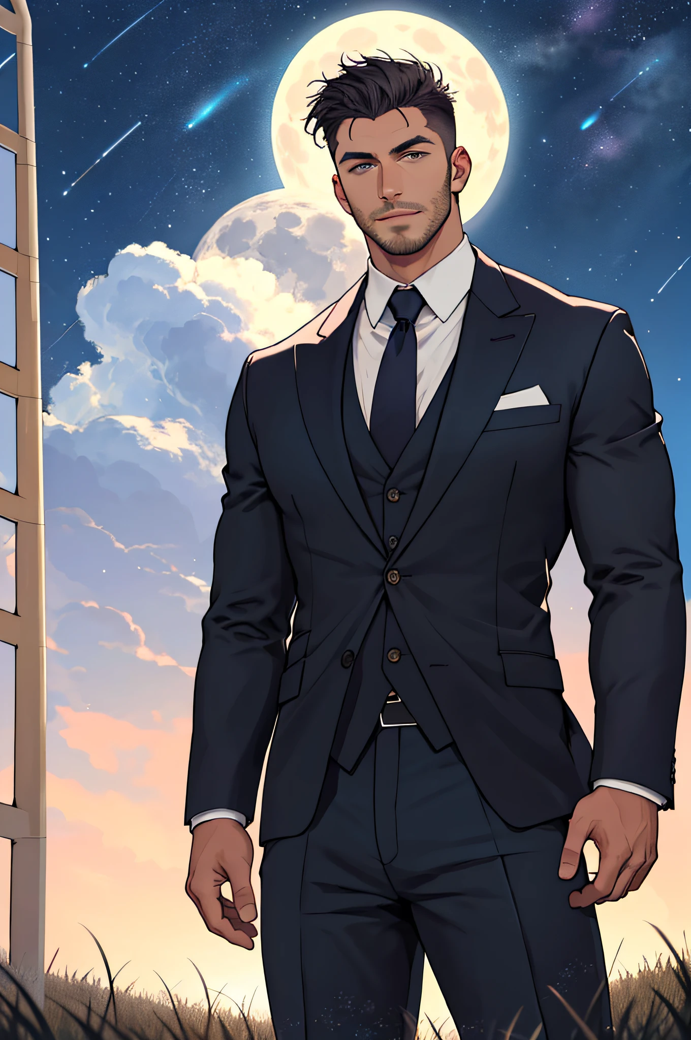 Draw a full-fledged footballer,Standing on the steppe at night,Quiet and comfortable background,He wears the same suit as the country's president,The suit fits perfectly,Handsome face,eyes with brightness,The man looks confident and determined,looking-down,Crew cut,full bodyesbian,Stars dot the sky,shooting from below,Big moon highlights background