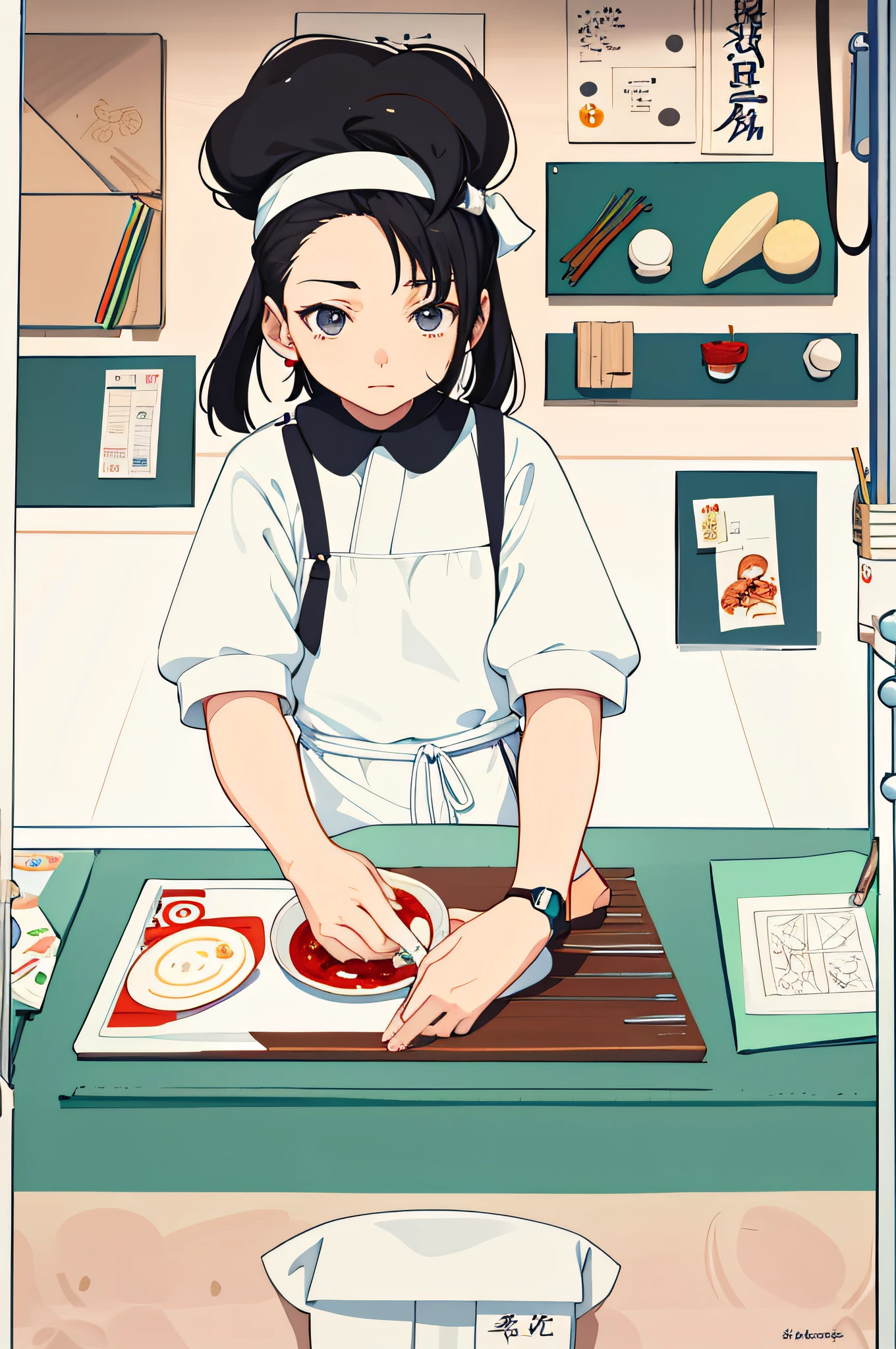 Draw a girl in a chef's hat preparing food, pichacu cooks a squid, Japanese animation, close up of lain iwakura, Japanese animation style, anime cels, Cooking, inspired by Tsuruko Yamazaki, author：Uesaka Seka, fubuki, animation cel for anime movie, production animation cel, baking artwork