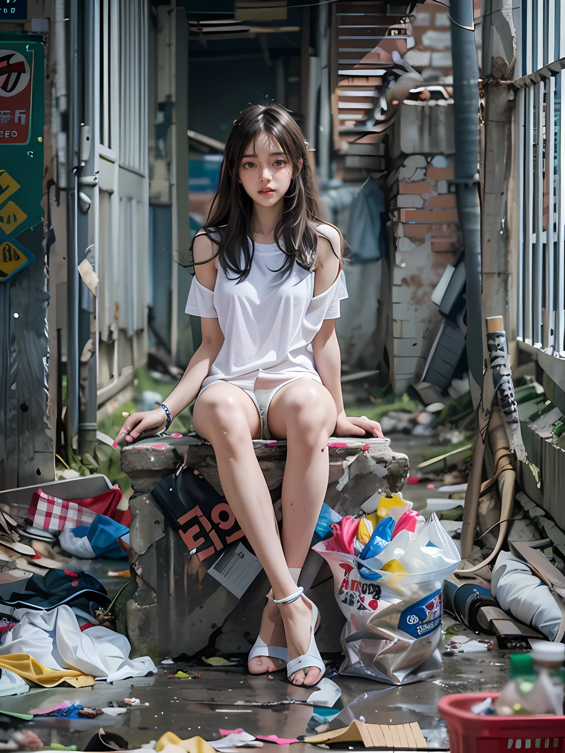 Highest image quality,best qualtiy,tmasterpiece,abandoned ruins,Garbage all over the ground,grimy,18-year-old Korean beautiful girl,very beautiful long slim legs,(((Random nudity))),exhibitionists,Random exposure of genitals