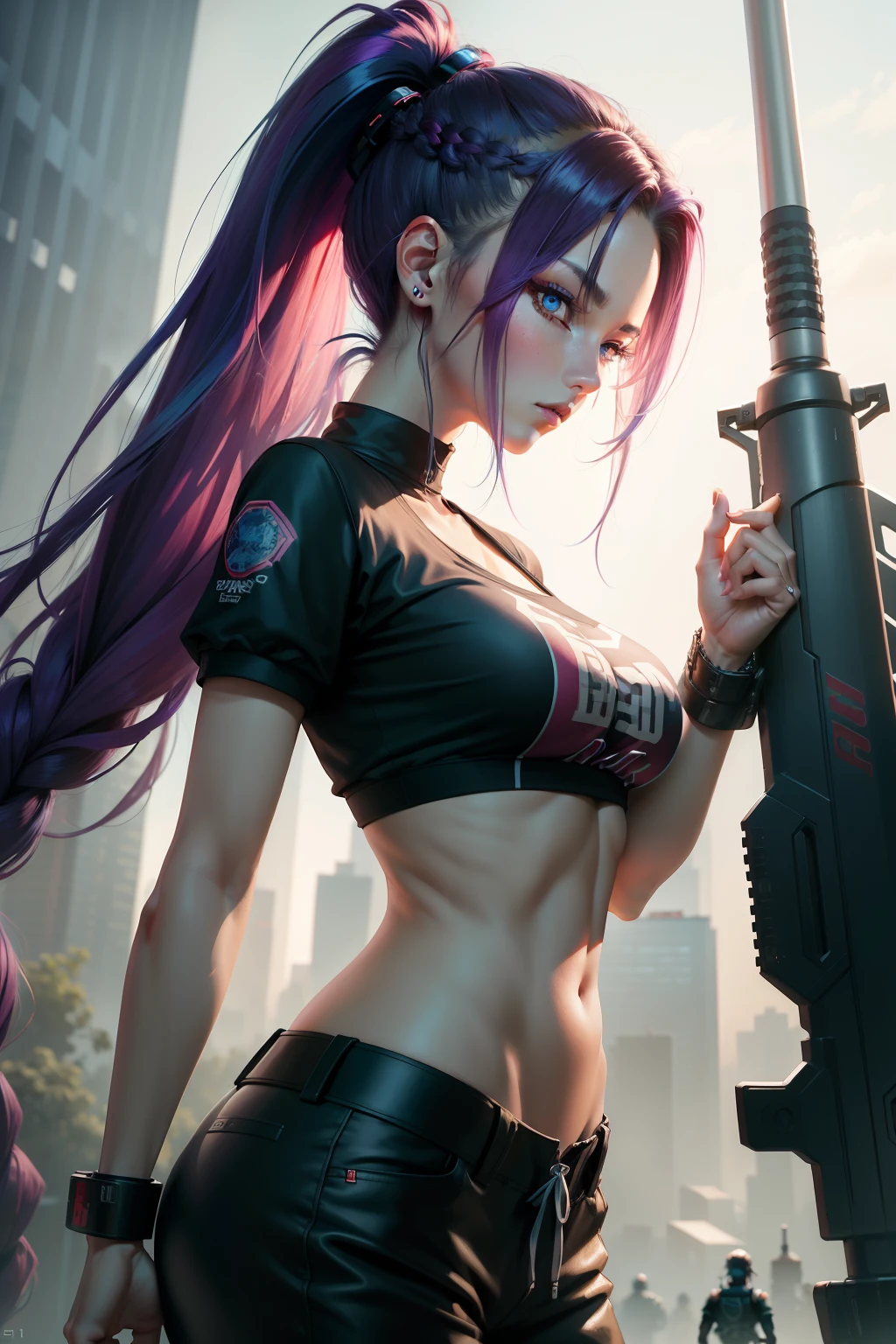 tmasterpiece，best qualtiy，8k wallpaper，The is very detailed，illustratio，（perfect bodies：1.1）, 1个Giant Breast Girl, Blue double ponytail，Long twisted braids, cyber punk style, jaket, shorter pants, Short sleeve T-shirt baseball bat side by side,