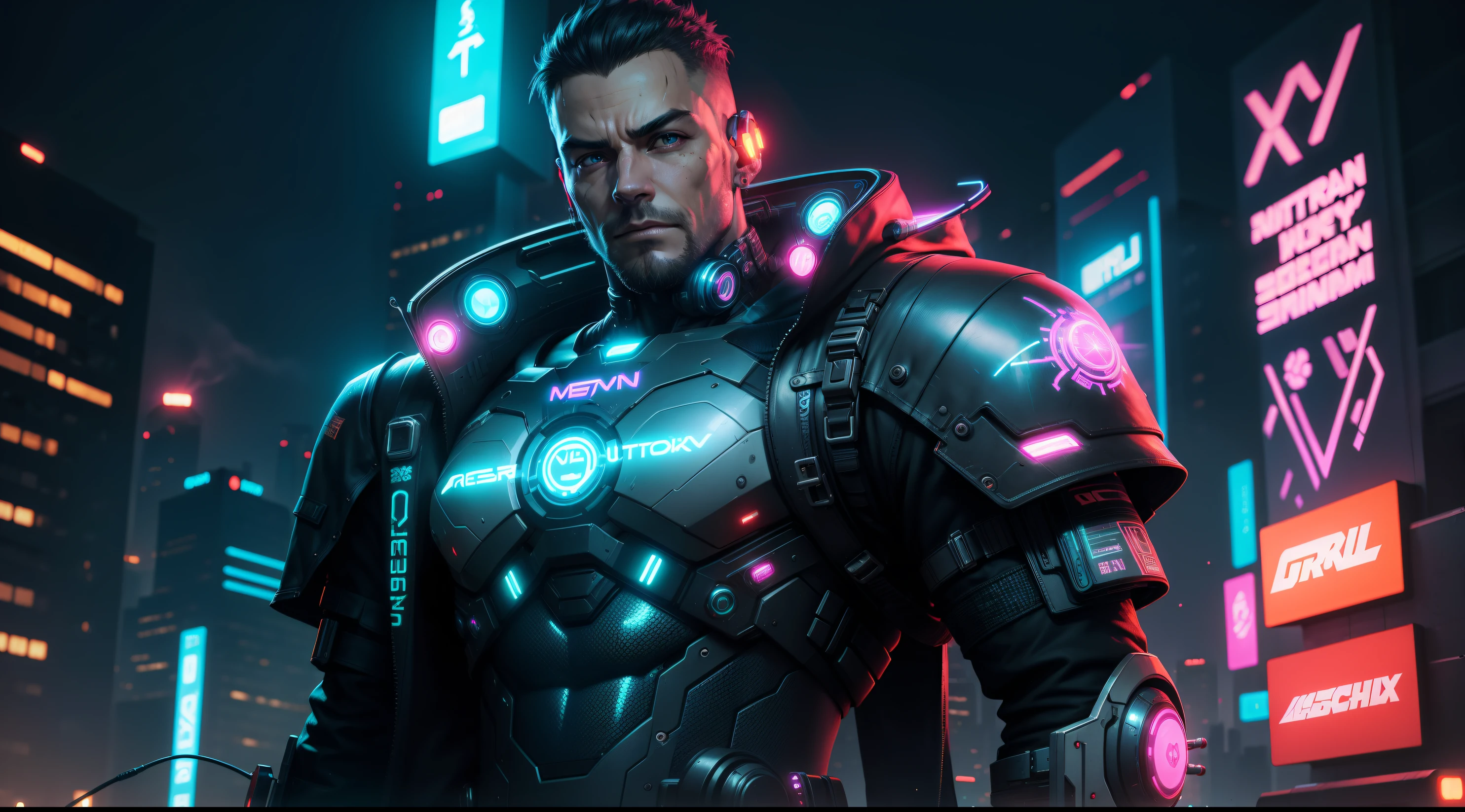 Man, cyberpunk, ultra realistic, long neon lights on background