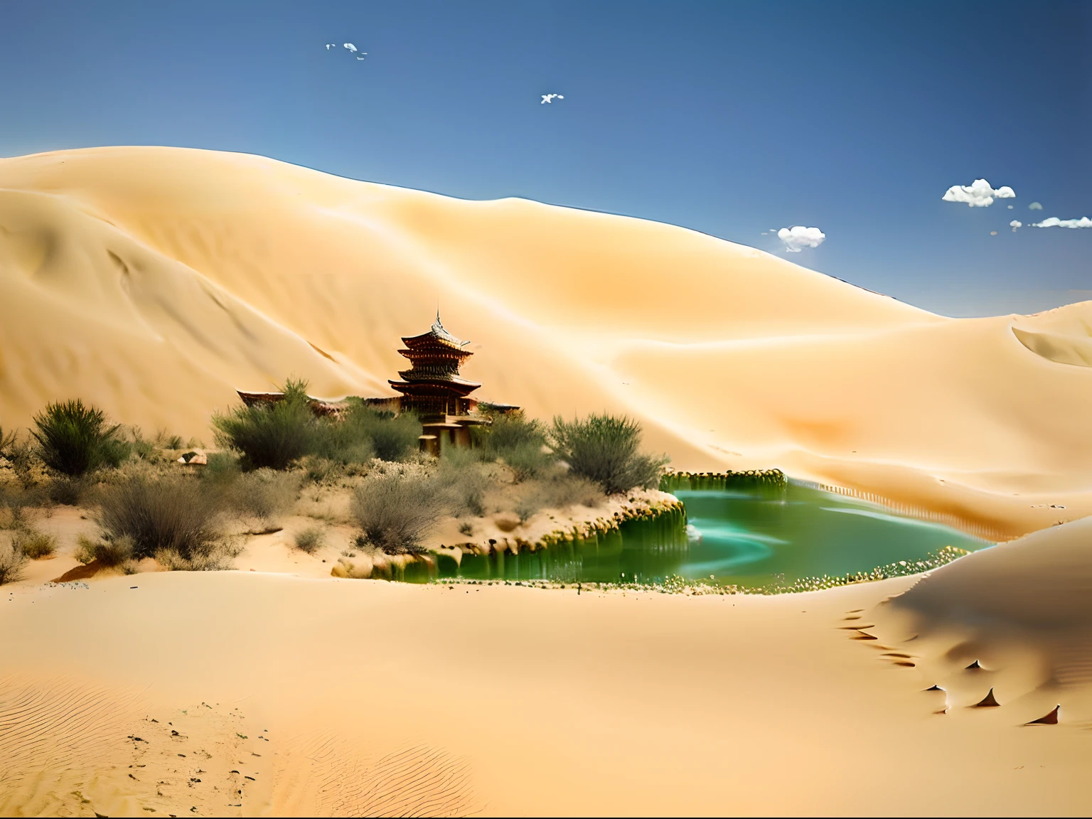 (Desert Oasis Dune movie+Silk Road landscape, luxurious architecture, perfect desert+majestic dunes+Dream desert+Oasis Lake)+A desert+Chinese Ancient Architecture