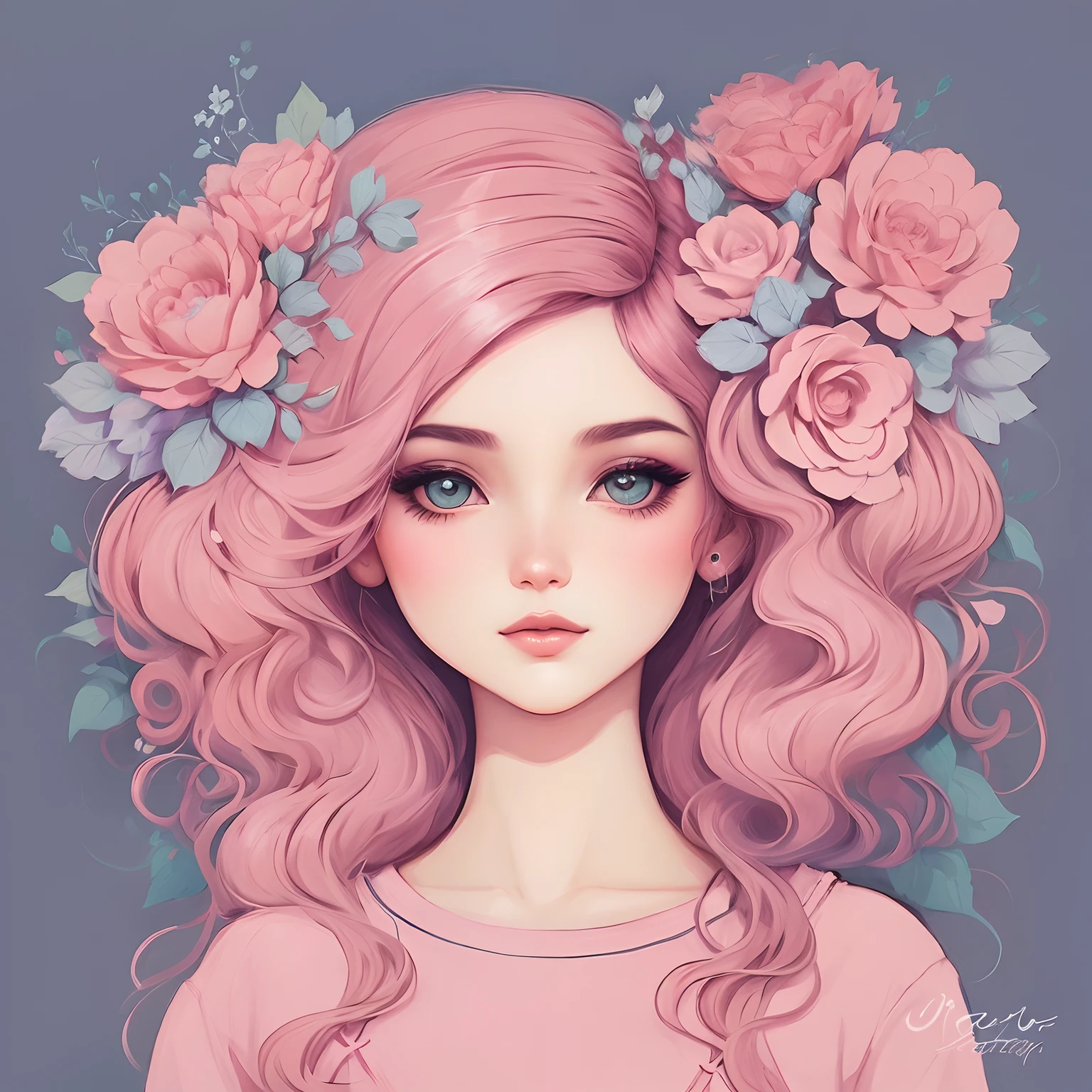 um desenho de uma com flores em seu cabelo, trending on artstration, Cabelo rosa, rosas no cabelo, arte digital detalhada bonito, No estilo de arte de Bowater, estilo de arte loish, estilo de arte bonito, arte digital bonito, deviantart artstation cgscosiety, inspirado em Jeremiah Ketner, Beautiful digital illustration, Inspirado em Amy Sol, meninae-rosa