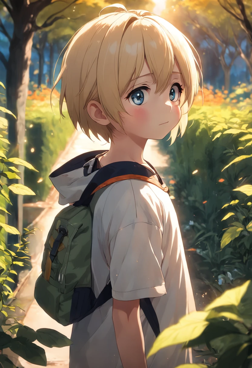 A 6-year-old blonde boy standing in a garden, alta qualidade, Foco claro (mess - house: 0.8), (obra-prima: 1.2) (realista: 1.2) (Bokeh) (melhor qualidade) (pele detalhada: 1.3) (detalhes intrincados) (8k) (Detalhe Olho) (foco nítido), (assustado) (various poses) Desenho