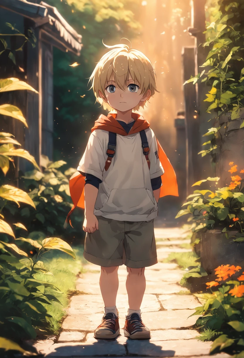A 6-year-old blonde boy standing in a garden, alta qualidade, Foco claro (mess - house: 0.8), (obra-prima: 1.2) (realista: 1.2) (Bokeh) (melhor qualidade) (pele detalhada: 1.3) (detalhes intrincados) (8k) (Detalhe Olho) (foco nítido), (assustado) (various poses) Desenho