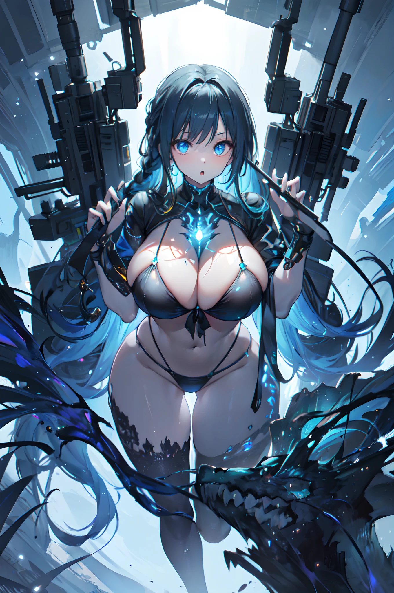 masterpiece, 1girl, mature woman, (solo), (gigantic bust:1.5), photorealistic perfect body, (seductive side braid), (bikini), (coniferous and broadleaf forest), (on knees), from above, photorealistic, ((highly detailed face:1.5)), (insanely detailed background), (volumetric lighting), unreal engine 5, ray tracing, ((insanely vibrant color)), micro details, realistic, 32k, (insanely detailed), (light particles), fractal isometrics details (bioluminescent), V-Ray, full hd - s5000 - uplight - q 3 - stop 80 - w 0.5 - ar