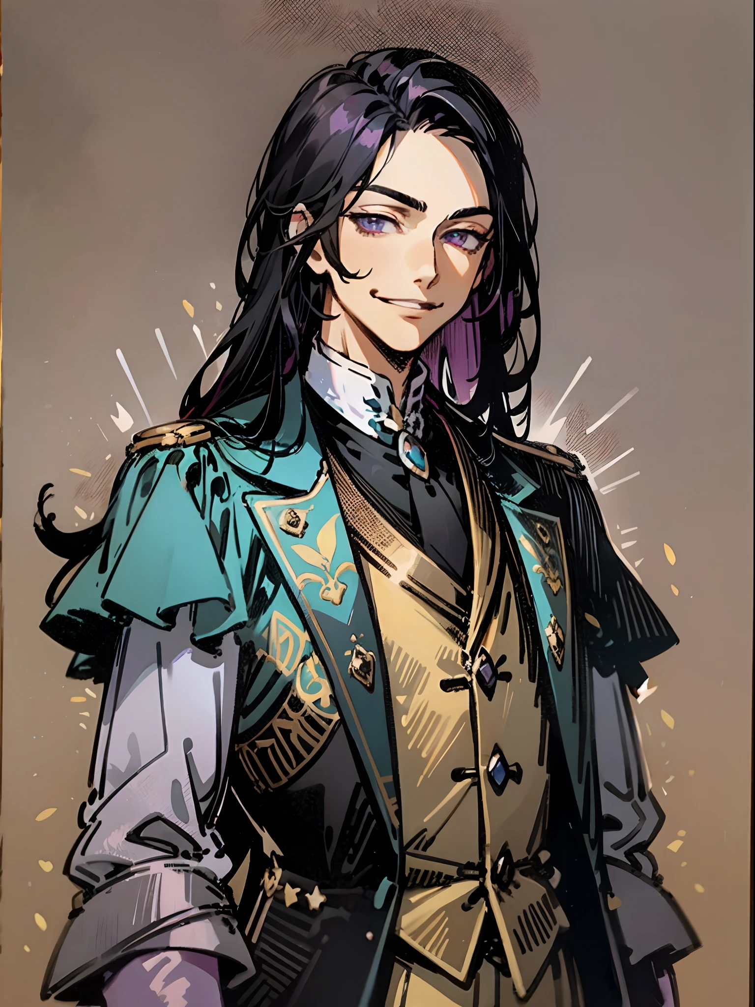 tmasterpiece, beste-Qualit, 1boy, aristocrat, portraite of a, upper-body, tailcoat, hairlong, black hair, smirk, stands, violet eyes, Correct anatomy