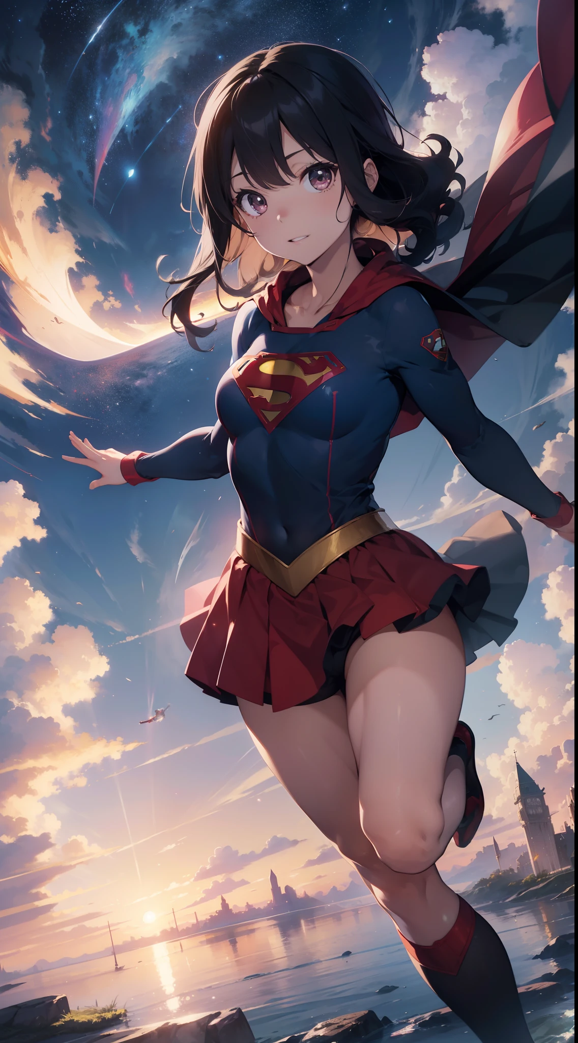 Two-dimensional painting style,Supergirl ,Image of a beautiful brunette woman with black eyes, hdr(HighDynamicRange), Ray traching, NVIDIA RTX, Hyper-Resolution, Unreal 5, Subsurface dispersion, PBR Texture, Post-processing, Anisotropy Filtering, depth of fields, Maximum clarity and sharpness, Many-Layer Textures, Albedo e mapas Speculares, Surface coloring, Accurate simulation of light-material interactions, perfectly proportions,rendering by octane,twotonelighting,largeaperture,Low ISO,White balance,trichotomy,8K raw data,The Superman S symbol is used on the chest,There are long and wide red cloaks,Wide red cloak,short red dress,the sky background,Supergirl flies high in the air,Full body in camera,One leg straight。