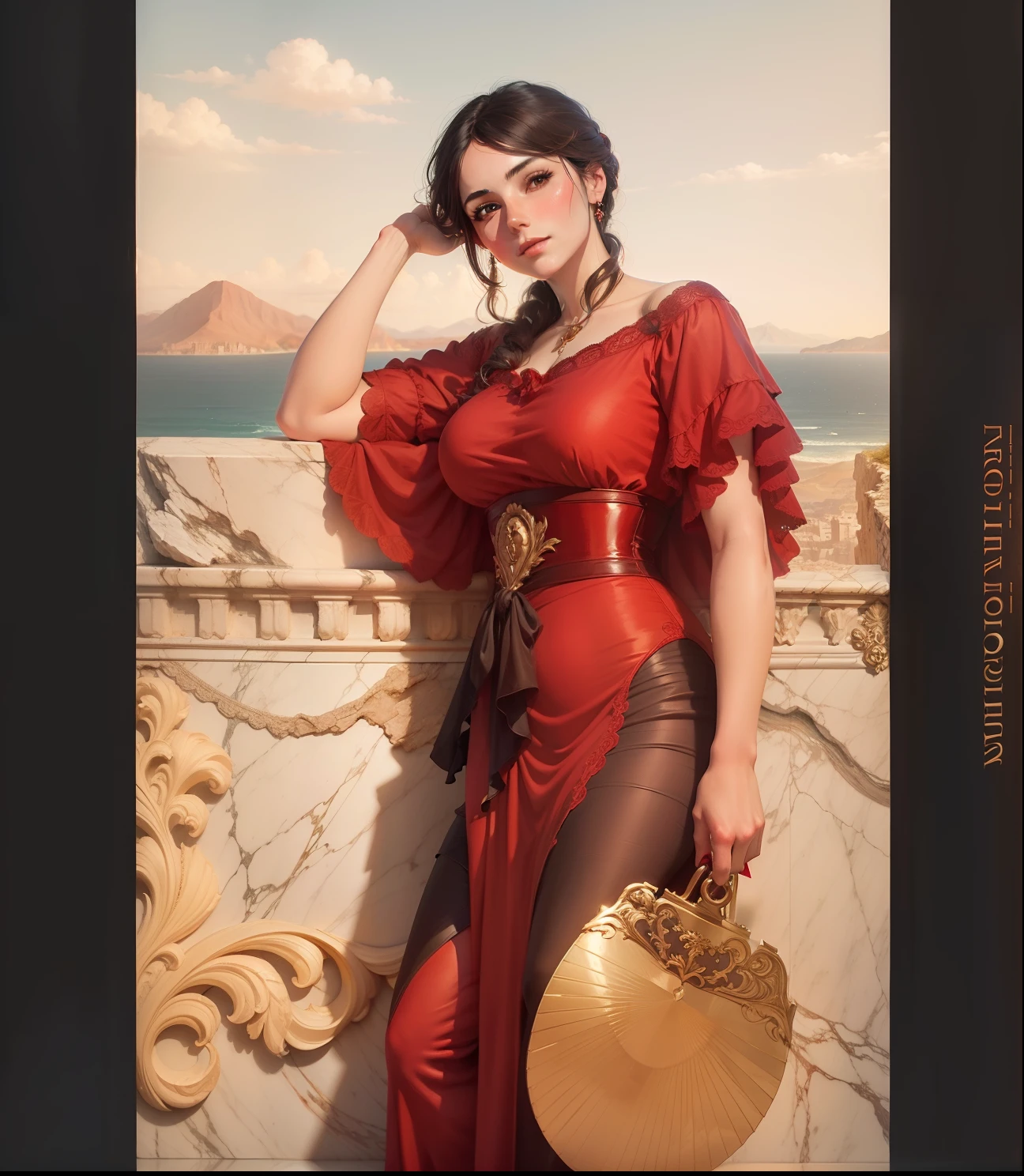 A beautiful romance period woman, in a red dress, with fan against an a marble ornate wall, looking directly into camera, relaxed, a view of the sea and distant mountains in the hazy distance in the background, 24k resolution, photo quality high art oil painting, hyperdetailed, in the style of John William Godward