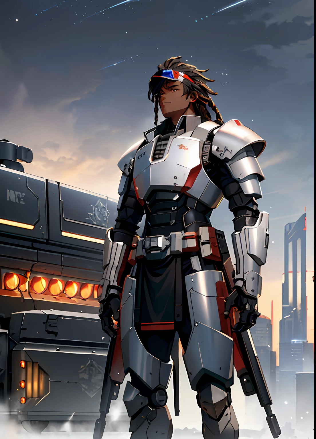 ((Best quality)), ((masterpiece)), (highly detailed:1.3), 3D, cyberpunk, 1 dark skinned male, visor, black dreadlocks, young, no beard, mechanical muscle, tall chunky cyborg, silver mech plate armor, arm cannons, giant two-handed rocket launcher, rocket boots, ((snowstorm steampunk train station background)) silver and red color scheme
