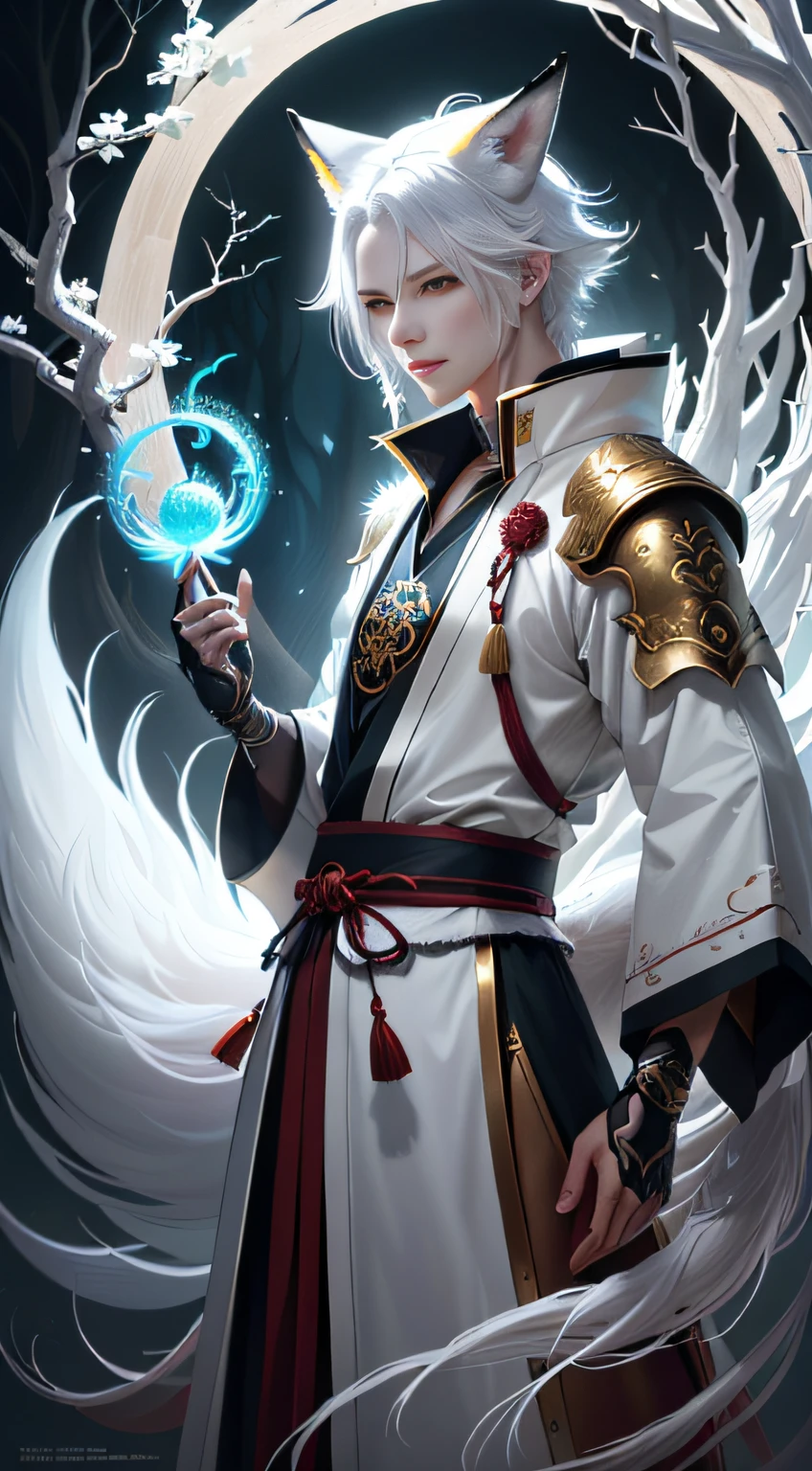 Fox ears white haired boy,full bodyesbian,Painting of a fox with white hair sitting on a branch,ethereal fox,nine tail fox,Fox three-tailed fox,Onmyoji detailed art,Nine tails,A beautiful artwork illustration,mythological creatures,red fox,Combat posture,Beautiful digital artwork,Exquisite digital illustration,mizutsune , Inspired by the mythical creature wildnet,Digital art on Pixiv,strong lights,hight contrast,Horror movie theme,Dark atmosphere