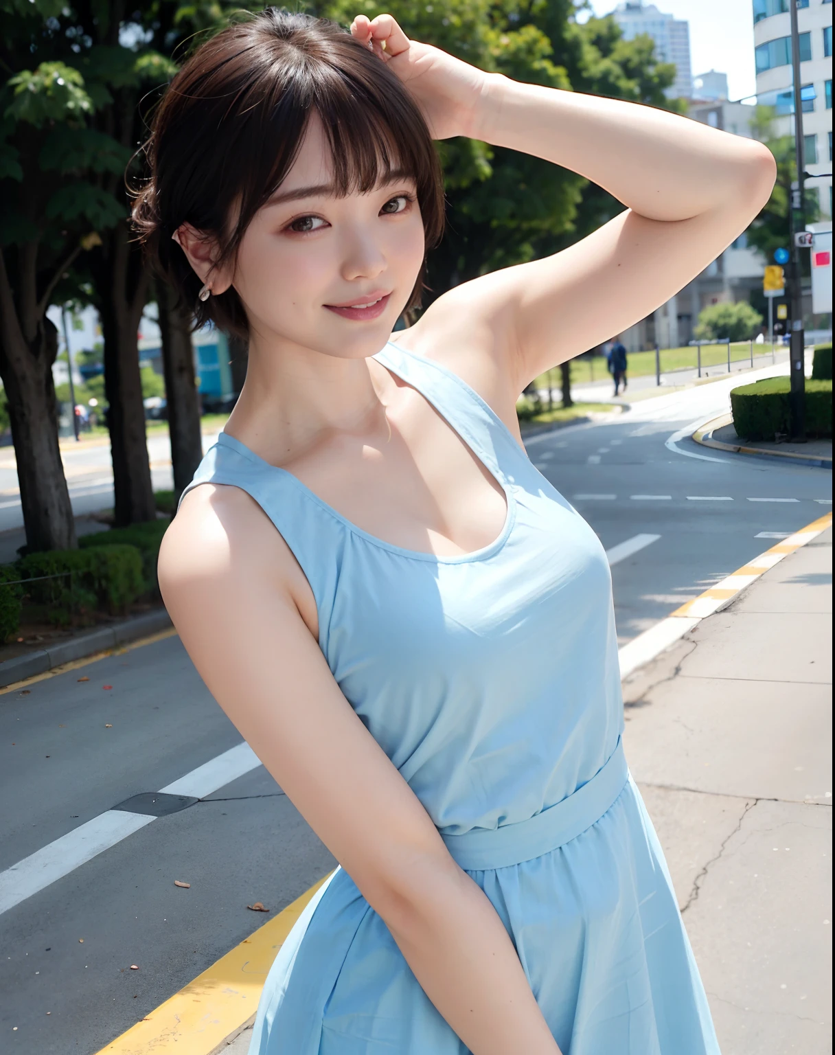 a woman posing on the street corner with light blue dress on, best quality, 1girl, large breasts, day, bright, blur background, bokeh, outdoor, (street:0.8), (people, crowds:1), (lace-trimmed dress:1.5, sleeveless dress, light blue clothes, light blue high-neck dress:1.2, blue dress: 1.5), gorgeous, (short hair, forehead:1.2), beautiful detailed sky, earrings, (dynamic pose:1.2), (upper body:0.8), soft lighting, wind, shiny skin, smile,