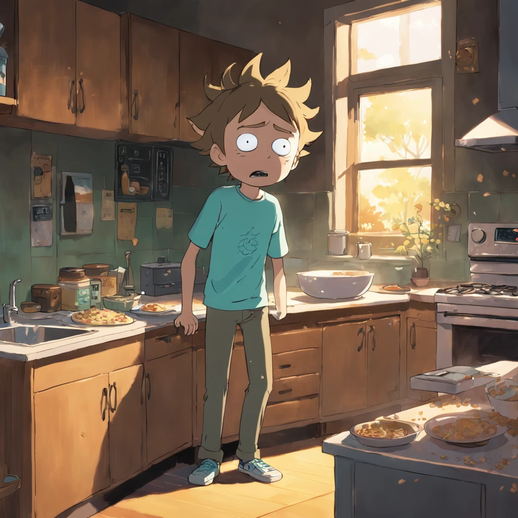 Morty stands in the kitchen, pouring cereal into a bowl. Rick enters, yawning.
Morty's morning routine unfolds in the cozy kitchen as he pours cereal into a bowl. The soft sunlight streaming through the window casts gentle shadows on the countertop. Rick strolls in, still half-asleep, adding a touch of contrast to the scene. The cluttered kitchen suggests their shared space, with half-empty coffee mugs and scattered notes. The familiar aroma of breakfast fills the air, while the radio softly plays in the background. A sense of comfort and routine prevails in this snapshot of their everyday life. Photo taken by Alex Harris with a Fuji X-T4 and a 35mm lens. The lighting replicates warm, natural morning light, infusing the scene with a cozy ambiance. 8K, Ultra-HD, Super-Resolution. (Rick and Morty)