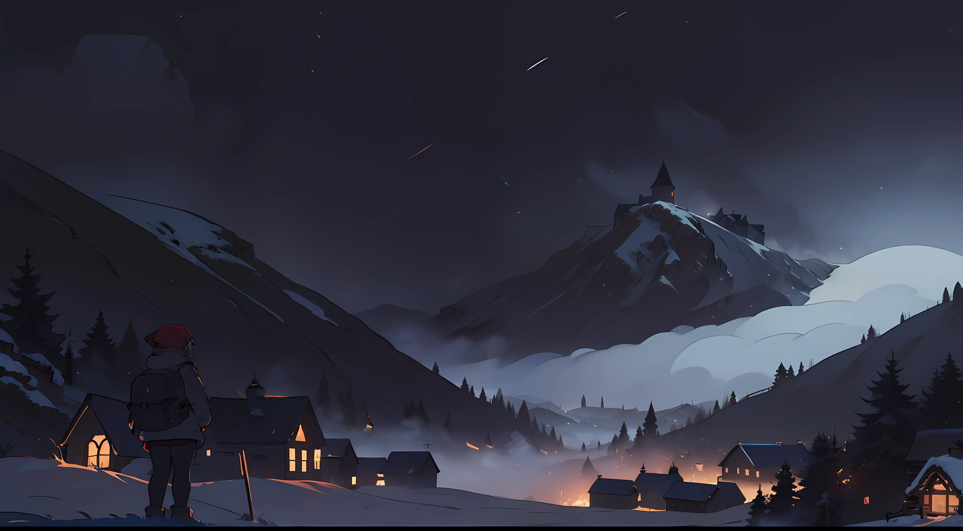masterpiece, 4k, detailed, wide shot, distant shot of a small village at the bottom of snowy hills at night, with a girl with long red hair in beanie, sweater and tights and backpack looking at it in the foreground, dark, gloomy dramatic, spooky lighting with lot of fog, foggy and snowing weather snowy, blizzard, night with large moon