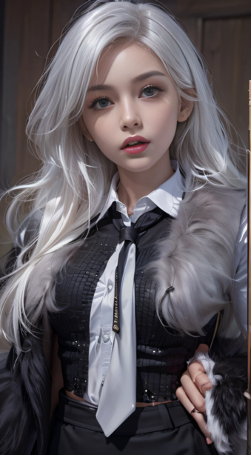 Photorealistic, high resolution, 1 Women, Solo, Waist up, Beautiful eyes, Close lips, Detailed face, White hair, Long hair, Collared shirt, black necktie,Black skirt, pencil skirts, Fur coat, Stockings