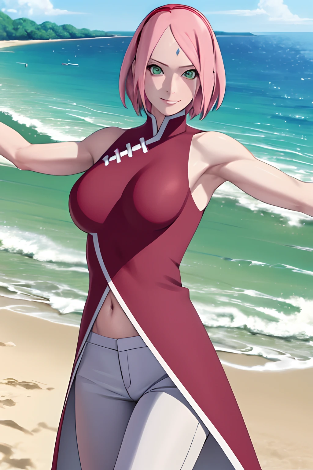 masterpiece, 1k, portrait, face shot, professional artwork, detailed beach background, intricate details, colorful, digital blending, (ultra detailed body, ultra detail hair, ultra detail face), trending on pixiv, kind smile, very hot color, best quality, anime style: 1.9, 1girl, hires, haruno sakura, (forehead mark, milf, red hairband, pale skin, short hair, ((red sleeveless dress), white pants), navel, groin, bracelet, pink hair, (ultra detailed green eyes), smile, beach, wind, floating hair, detailed arms, off-shoulders, slightly muscular arms, (dirty armpits), standing)