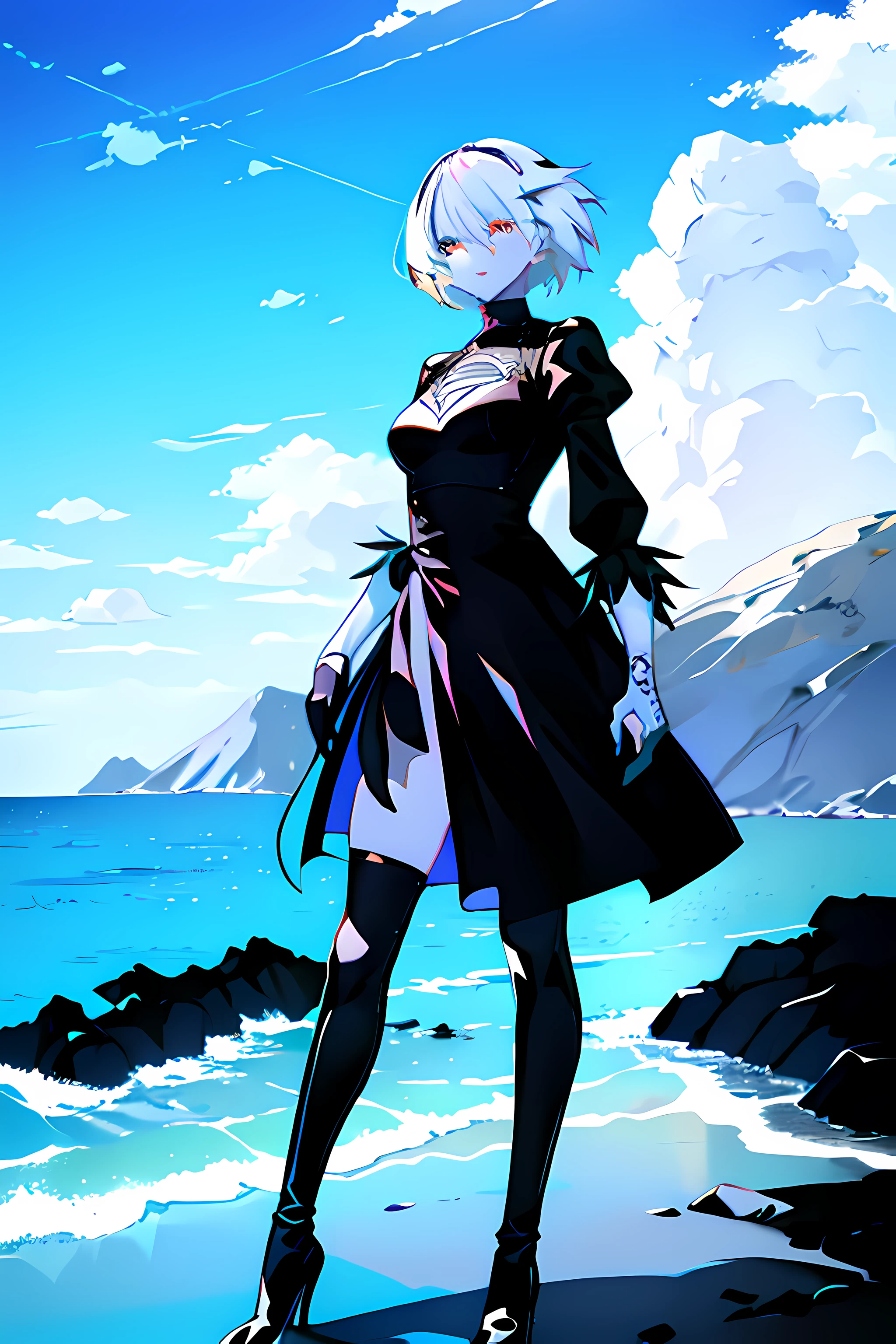 A cool girl,Black and white pupils Nails,Put your hand next to your mouth,White hair,Icy expression,Dressed in black,Black shoes,Eyes slanted to the sky,Behind is the endless blue sea,Cloudless