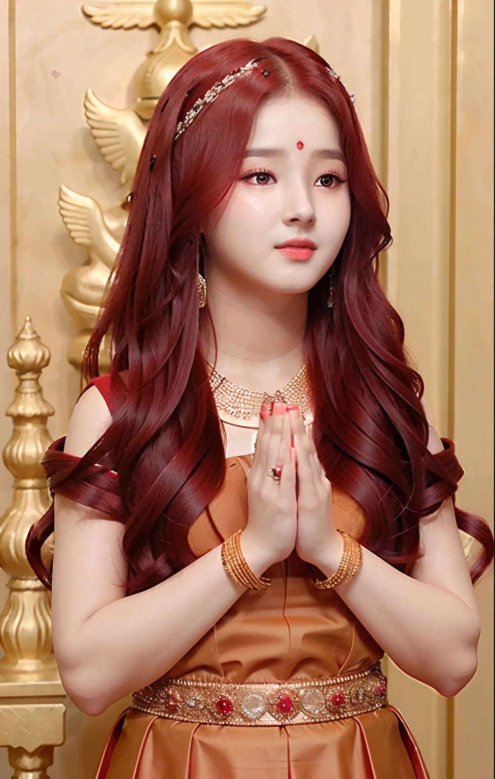 (Nancy McDonie),(full body view in indian dress) , (black dress),(top to bottom),(full body view), (jewelery), ( red hair), (praying in hindu temple), 8k, best quality, (black indian saare), black dress, hot body