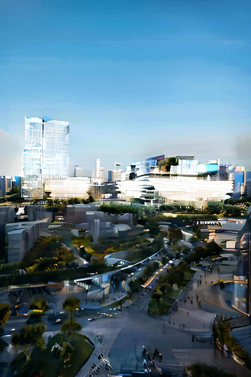 A stunningly realistic digital rendering of a modern urban residential complex designed by renowned architectural firms such as SOM and OMA. The complex features pedestrian streets and exquisite shops, with modern architectural facades creating a sleek and sophisticated environment. The use of three-dimensional corridors and glass curtain wall towers adds to the overall futuristic feel of the scene, while realistic lighting and three-dimensional greenery create a sense of depth and vibrancy. The street planting is exquisitely detailed, adding a touch of natural beauty to the urban space. Rendered in high definition quality using 3D rendering software, the image is a breathtaking piece of urban design,