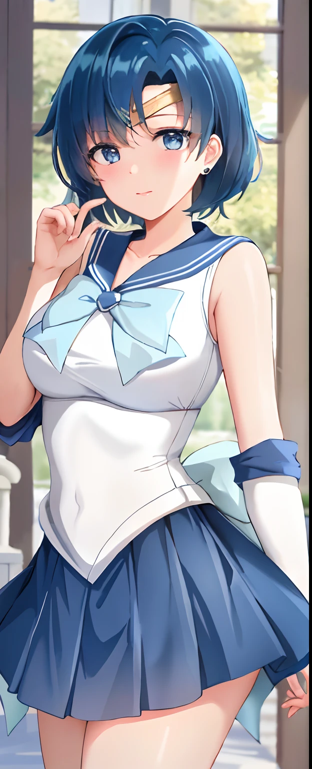 (8K, Best quality, Masterpiece:1.2),(Best quality:1.0),超高分辨率:1.0, Extremely detailed, Renders, 4K, absurderes, hdr, view the viewer,
mer1, Short hair, Blue hair, Sailor senshi uniform, ribbon, head gear, Elbow Greif, Earrings, Mini skirt, Sexy, Lips, parted lip, Closed mouth, mediating, Medium full shot, standing, hand lifting skirt:2.3, Revealing , pantyless,