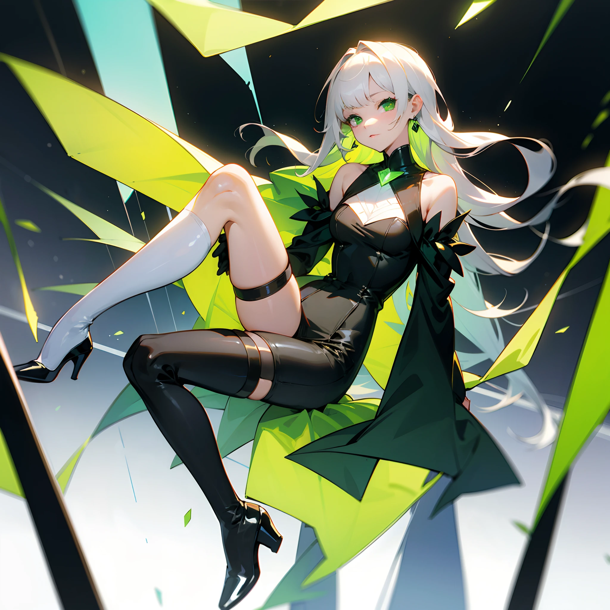 White-haired and green-eyed lady,long whitr hair,Green one-sided earrings made of glass,White over-the-knee stockings,leg loops,Transparent colors