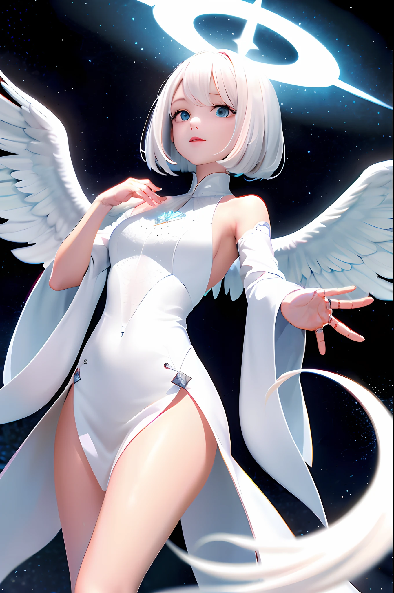 Anime girl with angel wings and halo in the sky, full - body majestic angel, beautiful cyborg angel girl, Digital art on Pixiv, beautiful angel, trending on cgstation, Extremely detailed Artgerm, angel knight girl, Artgerm on ArtStation Pixiv, big white glowing wings, trending on artstation pixiv, 8K high quality detailed art