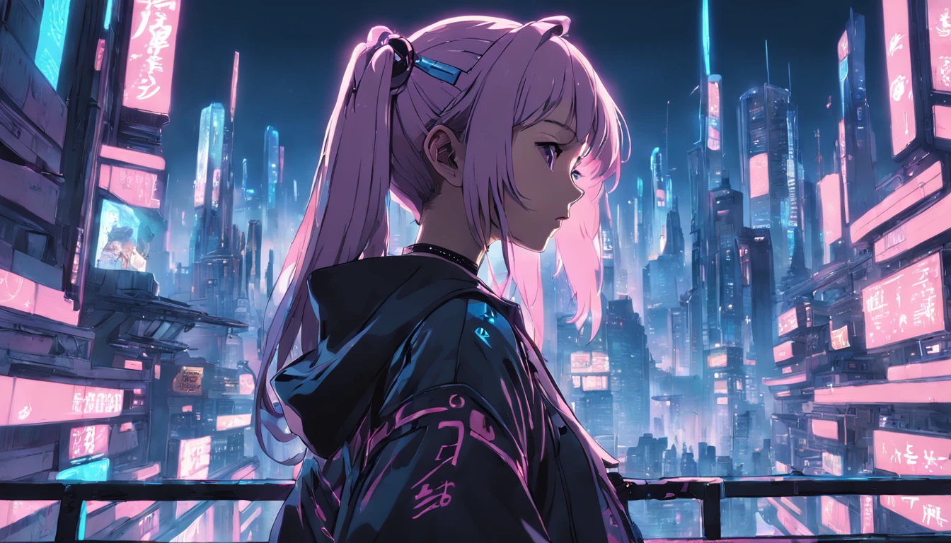 "A dreamy cyberpunk city, una mujer waifu mirando al horizonte."