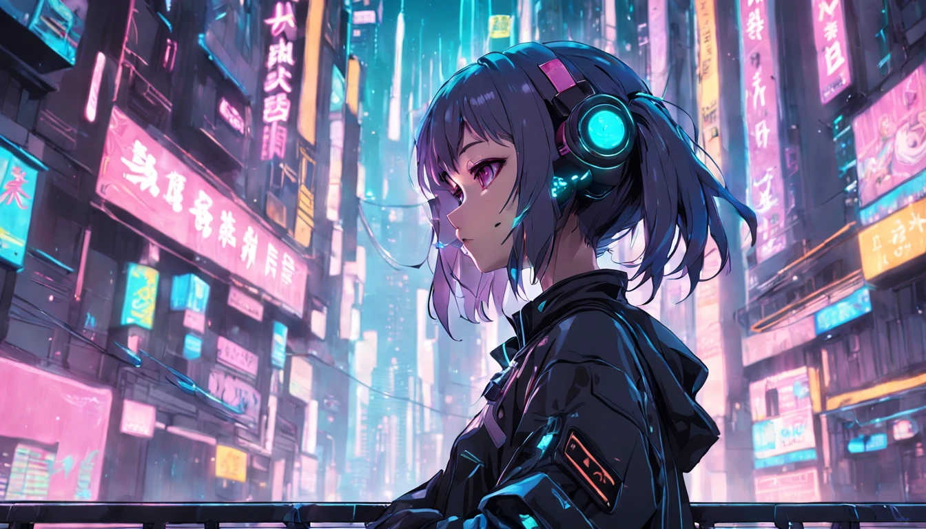 "A dreamy cyberpunk city, una mujer waifu mirando al horizonte."