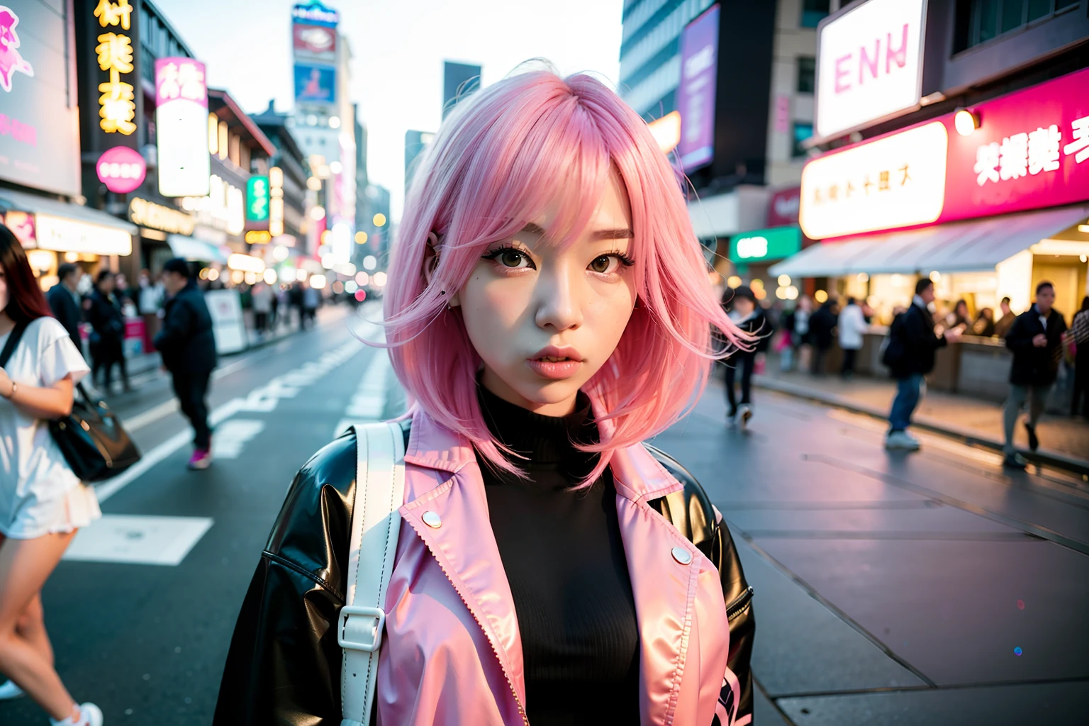 Asian woman with pink hair and black jacket on city street, Realistic. Cheng Yi, Light pink hair, inspired by Yanjun Cheng, Flowing pink hair, pastel pink skin tone, beautiful Korean women, long light pink hair, Ross Tran 8 K, IG model | Art germ, Kawaii realistic portrait, Korean girl, with pink hair