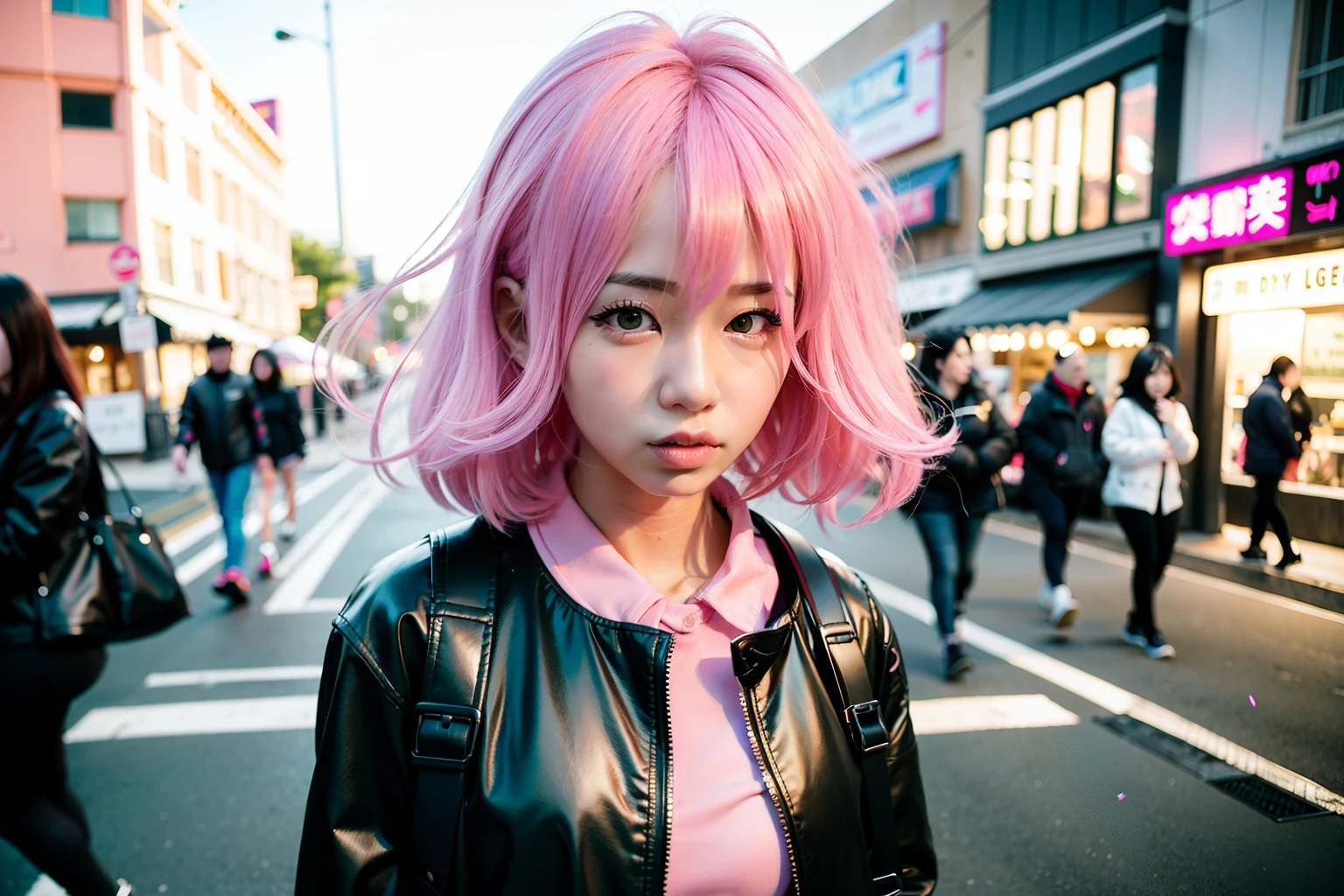 Asian woman with pink hair and black jacket on city street, Realistic. Cheng Yi, Light pink hair, inspired by Yanjun Cheng, Flowing pink hair, pastel pink skin tone, beautiful Korean women, long light pink hair, Ross Tran 8 K, IG model | Art germ, Kawaii realistic portrait, Korean girl, with pink hair