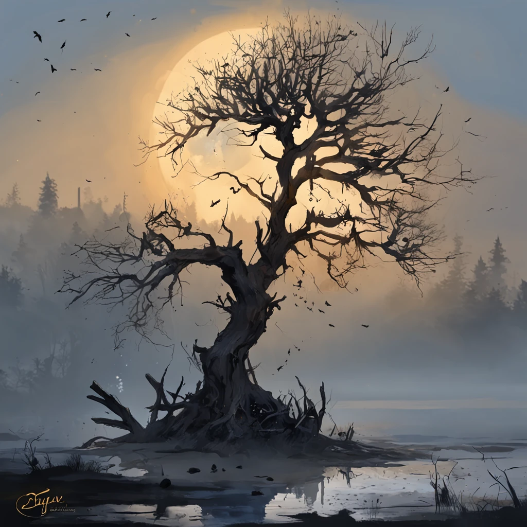 Two crows on a dead tree, A shadow shaped like a walker, Starry night, Thick fog on the ground, Blue light on the horizon, Unreal Engine 5, Cinematic, low angle photography, Motion blur, Depth of field, Dust, Cobblestones and dirt. Splash Art, dripping paint. Perfect color grading. Influenced by Karel Appel and Jeremy Mann, Full of dramatic and threatening scenes, Hyper-detailed, Beautiful, insanely details, Intricate details, editorial photography, shot with a 50mm lens, Depth of field, Tilt Blur, Shutter speed 1/1000, f/22. Lightmaps, Super bright