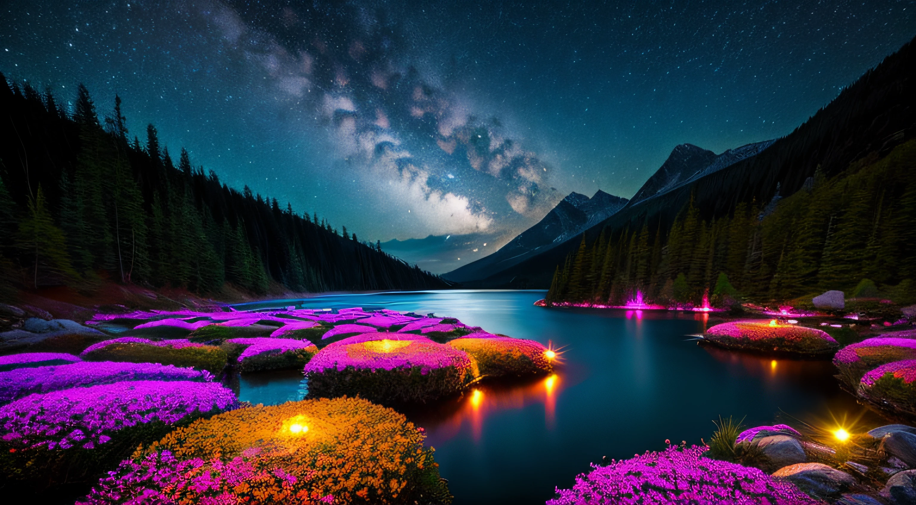 best quality, masterpiece, beautiful wild and natural fantasy landscape with glowing lights