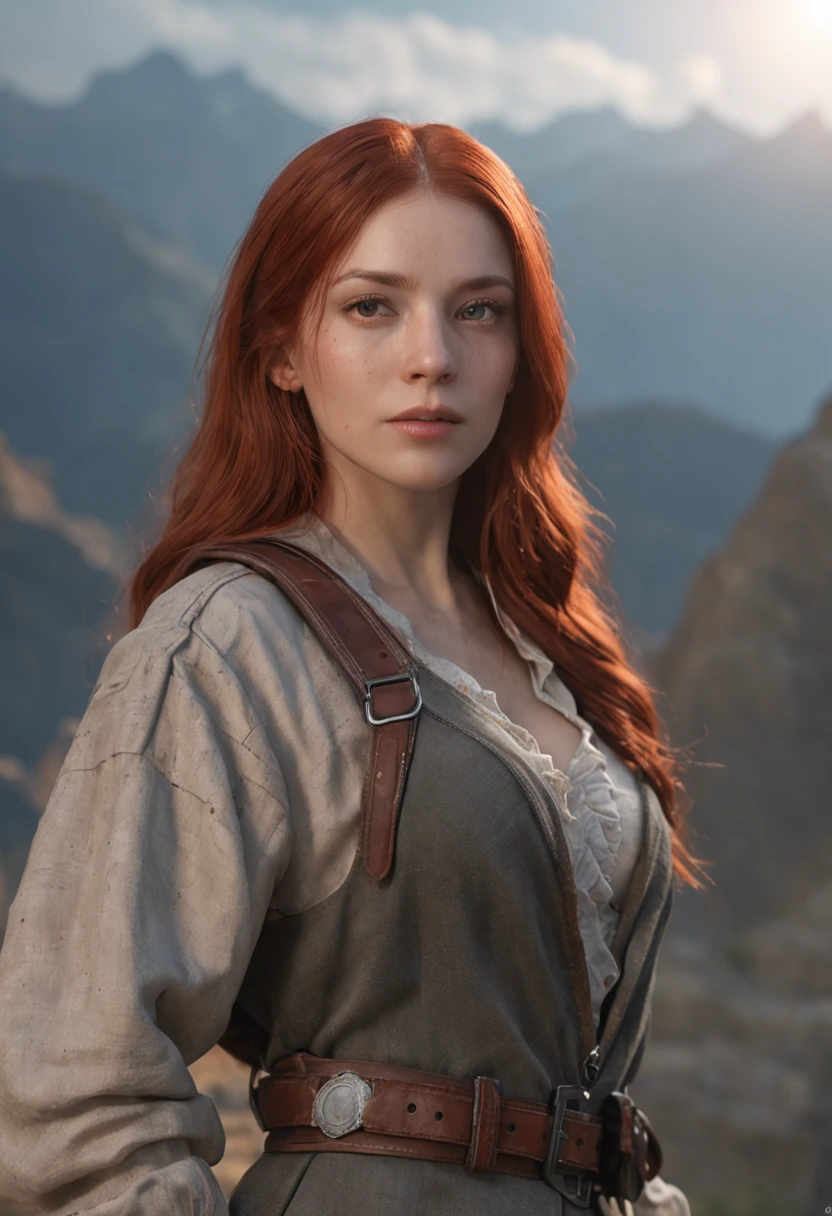 Amazingly beautiful background,Epic movie poster ,Professional photo portrait, From horizon zero down, real life photo, Live, on top of mountain, wallpaper background, trending on artstationh, Unreal Engine 5, Beautiful clear natural light, Professional lighting, Dramatic lighting, fov, Depth of field, Long red hair, ((Best quality)), Blue eyes, ((Masterpiece)), (Detailed:1.4), 。.3D, images of beautiful cyberpunk women, Long red hair, hdr (HighDynamicRange),Ray tracing,NVIDIA RTX,Hyper-Resolution,Unreal 5,Subsurface scattering,PBR Texture,Post-processing,Anisotropic filtering,depth of fields,Maximum clarity and sharpness,Multi-layered textures,Albedo and specular maps,Surface Coloring,Accurate simulation of light-material interaction,Perfect proportions,rendering by octane,Two-tone lighting,Wide aperture,Low ISO,White balance,Rule of thirds,8K raw data