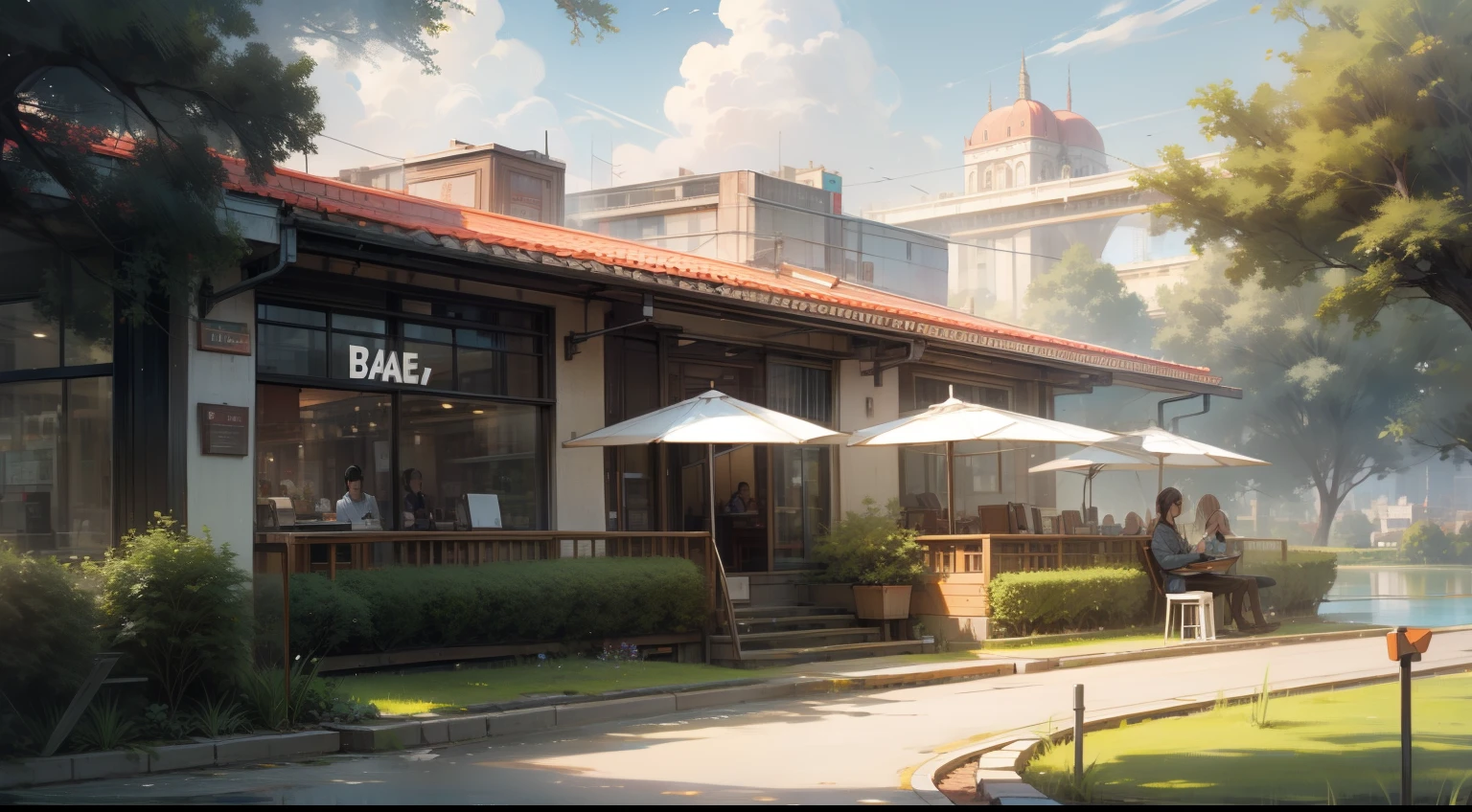 big cafe, modern style, front view, on lawn, lake behind, minimum city background, daytime