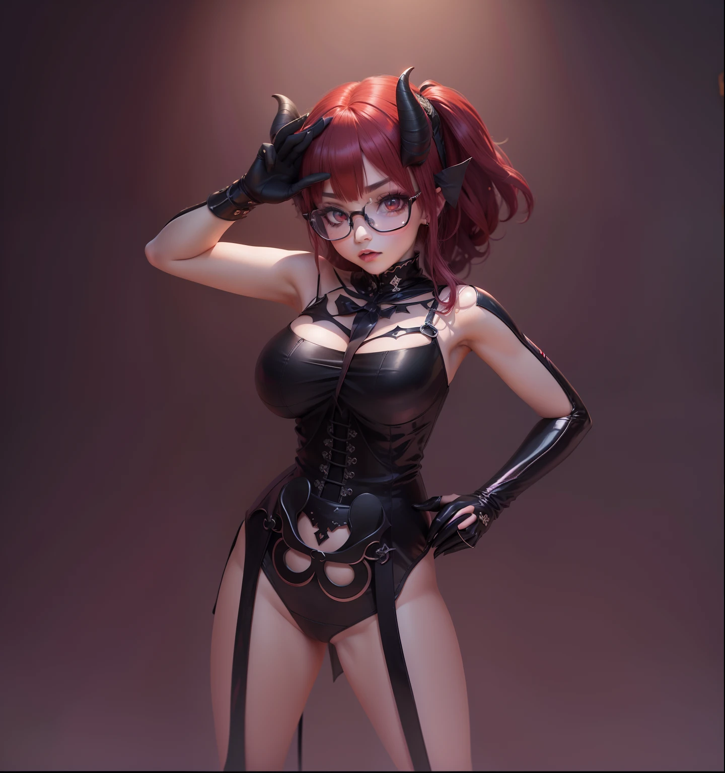Anime girl with horns and glasses in a black dress, Demon girl, menina anime demon, meu vestido queridinho anime, Anime estilo 3D, Succubus em vestido curto apertado, succubus, 1 7 - - old me goth girl, mara demon, mika kurai demon, Succubus bonito | |, giesha demon, projeto da menina chifres exuberantes, melhor qualidade,Full HD, 8k, Guweis, detailed eyes, perfect eyes, red hair