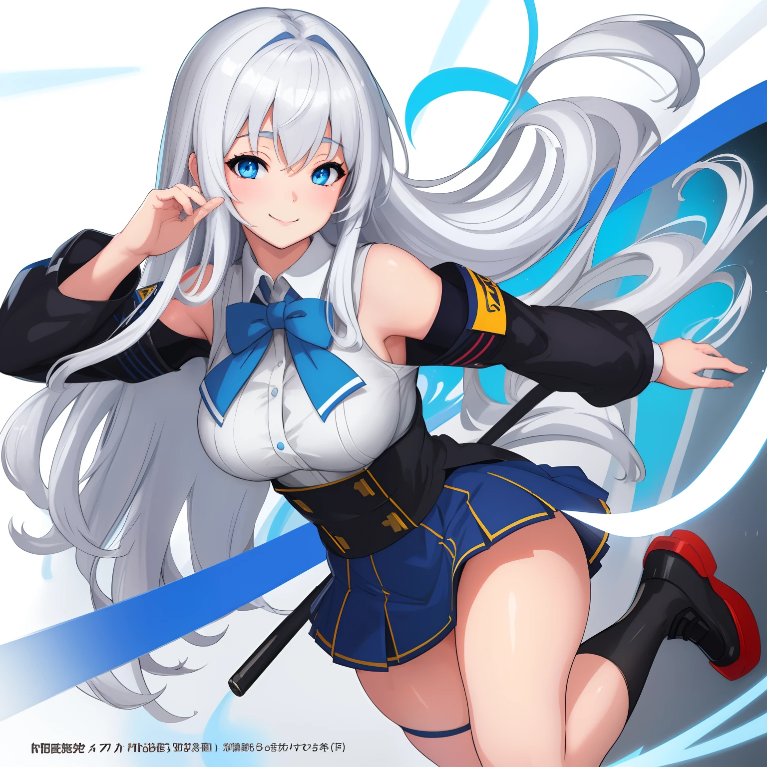 White background, Attractive Blue Eyes, animesque, disheveled hair that is down to the shoulders, white hair, looking happy smile, full bodyesbian, No tie, Women's miniskirts, 14years, Anime-style beautiful girl, hyper detailed painting, luminism, 4K resolution, 3d rendered, octan render, complexly detailed, Cinematic, Trending in art stations,Isometric Centered Hyper Realistic Cover Photo Awesome Full Color, handdraw, big-boned, Realistic Musa, Intricate, hit definition, Cinematic, rough sketch, thickline, On paper,School uniforms