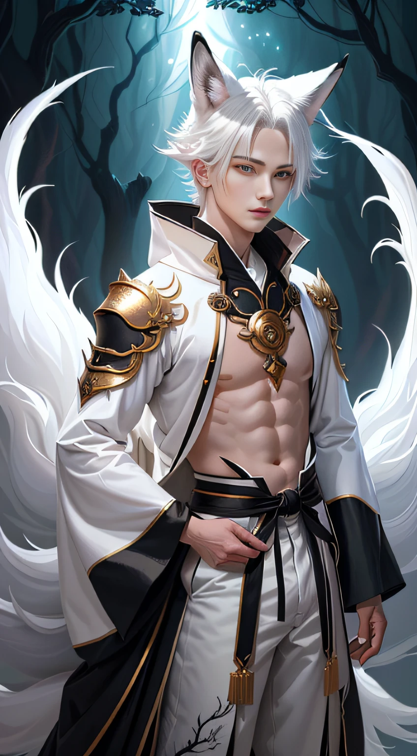 (Fox ears white haired boy)，full bodyesbian，Painting of a male fox with white hair，ethereal fox，nine tail fox，Fox three-tailed fox，Onmyoji detailed art，Nine tails，A beautiful artwork illustration，mythological creatures，red fox，Combat posture，Beautiful digital artwork，Exquisite digital illustration，mizutsune , Inspired by the mythical creature wildnet，Digital art on Pixiv，strong lights，hight contrast，Horror movie theme，Dark atmosphere