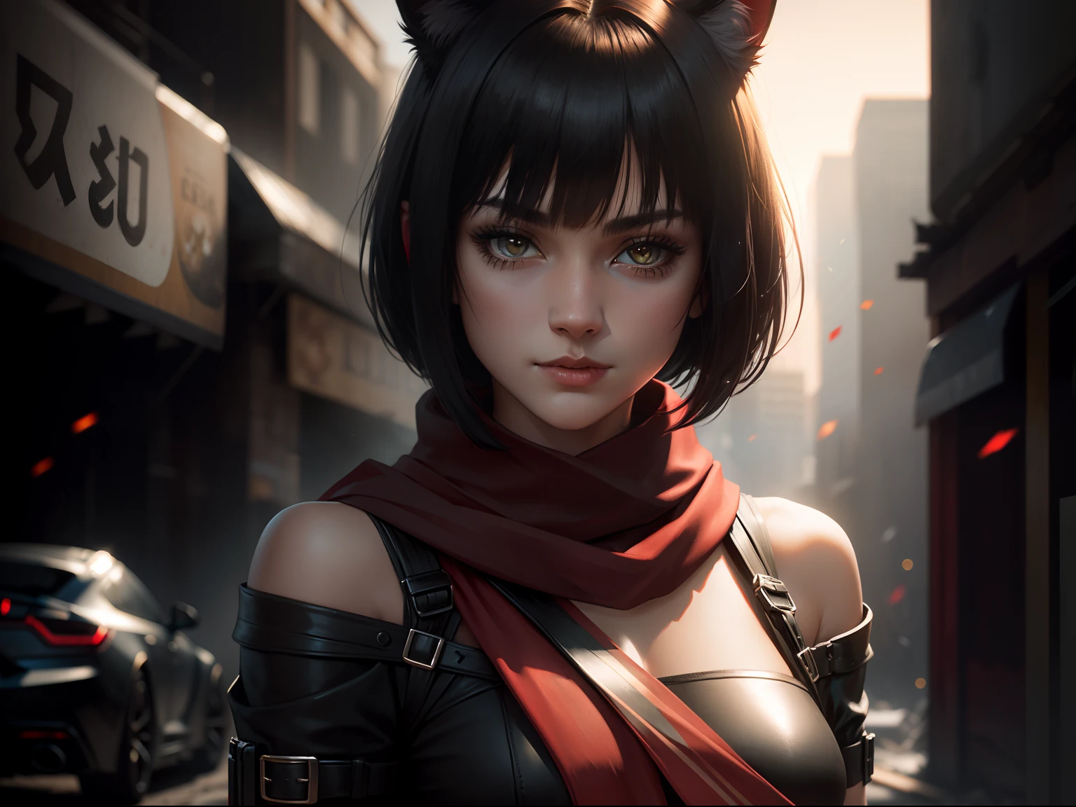 shoulder-length short hair, slanted bangs, black color hair, Girl with cat ears, looking to the camera, Red scarf, assassins, battleground background, depth of field, sparkle, UHD, best quality, 4K