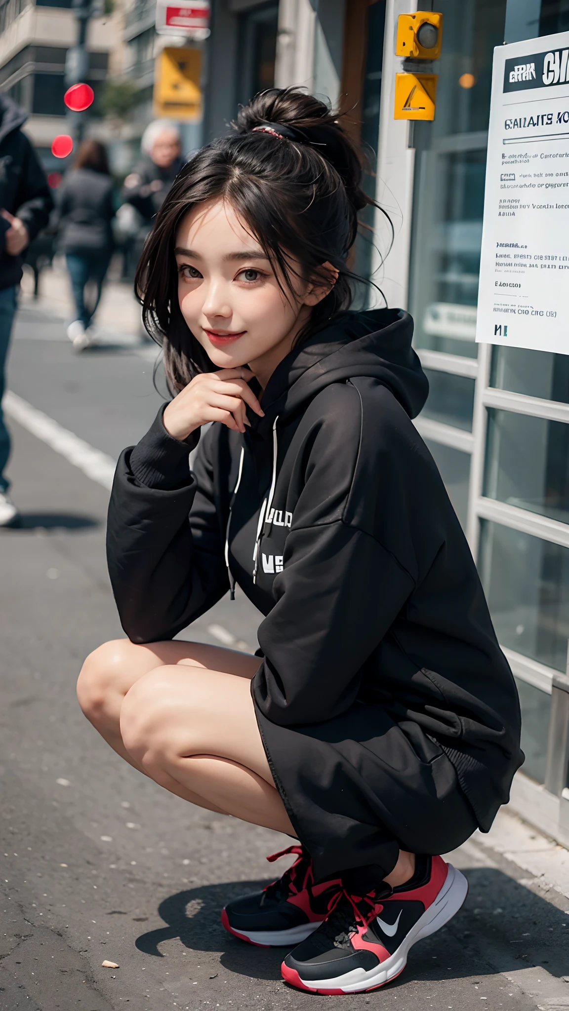 (((very detailed , 8k wallpaper, masterpiece, High resolution, highest quality))), ((Beautiful woman, Model-like posture, acrobatic pose,grunge fashion,wearing a big hoodie:1.2,)),, ((very detailed顔, very detailed black eyes, highest qualityのリアルテクスチャスキン)), (Short Bob Cut Hair, white skin,), (Brick Wall),Background bricks, surreal, digital paint,soft lighting,boke